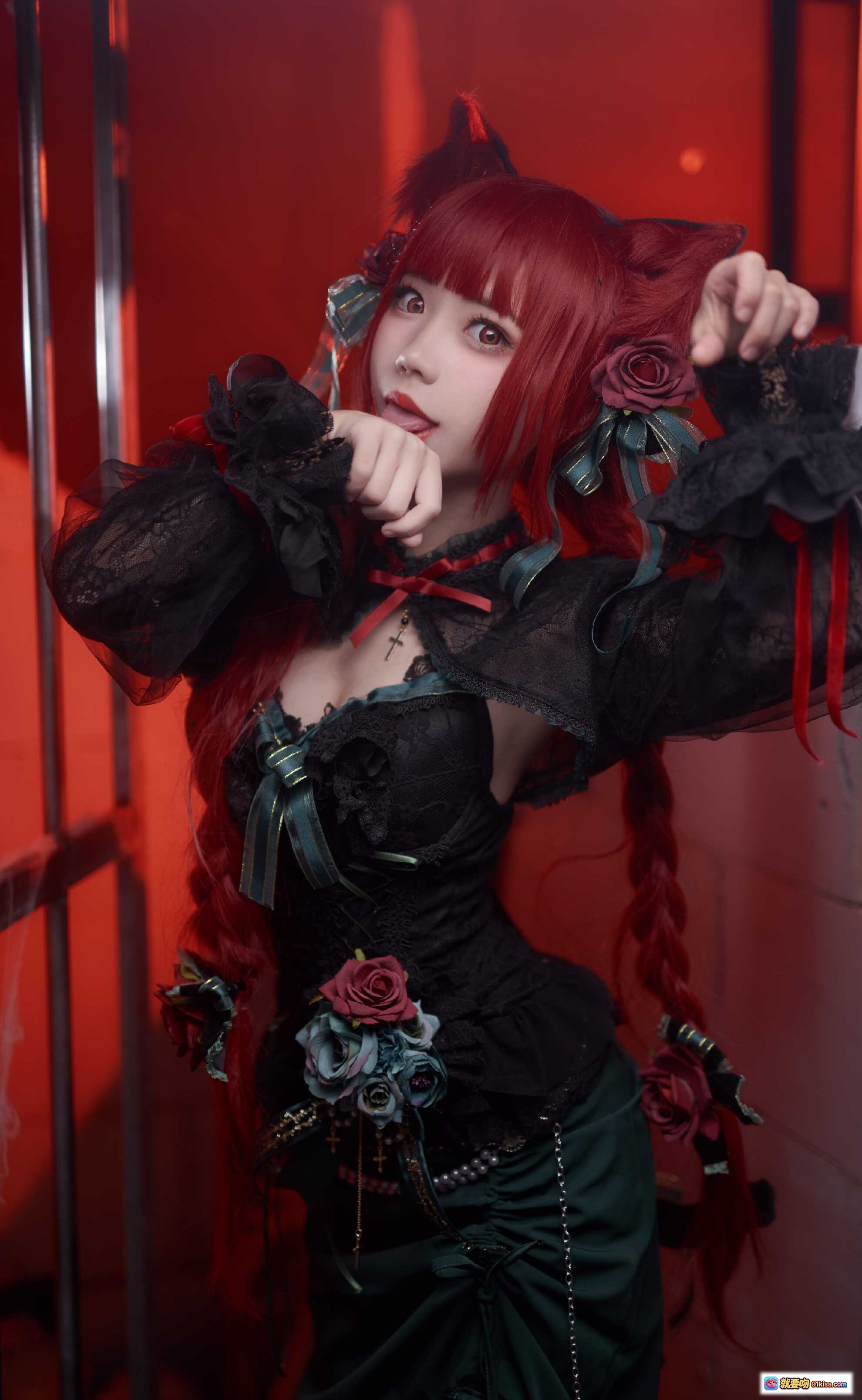 图片[1] - 花柒Hana NO.005 火焰猫燐 Cosplay 黑色蕾丝哥特风 红发双马尾 花饰洛丽塔 优雅暗黑系造型 - 就要吻