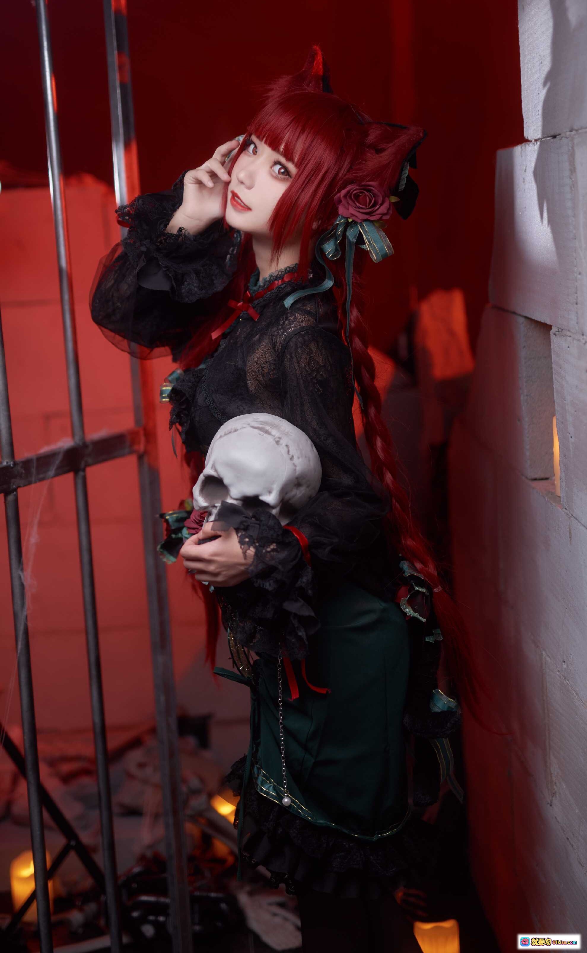 图片[9] - 花柒Hana NO.005 火焰猫燐 Cosplay 黑色蕾丝哥特风 红发双马尾 花饰洛丽塔 优雅暗黑系造型 - 就要吻