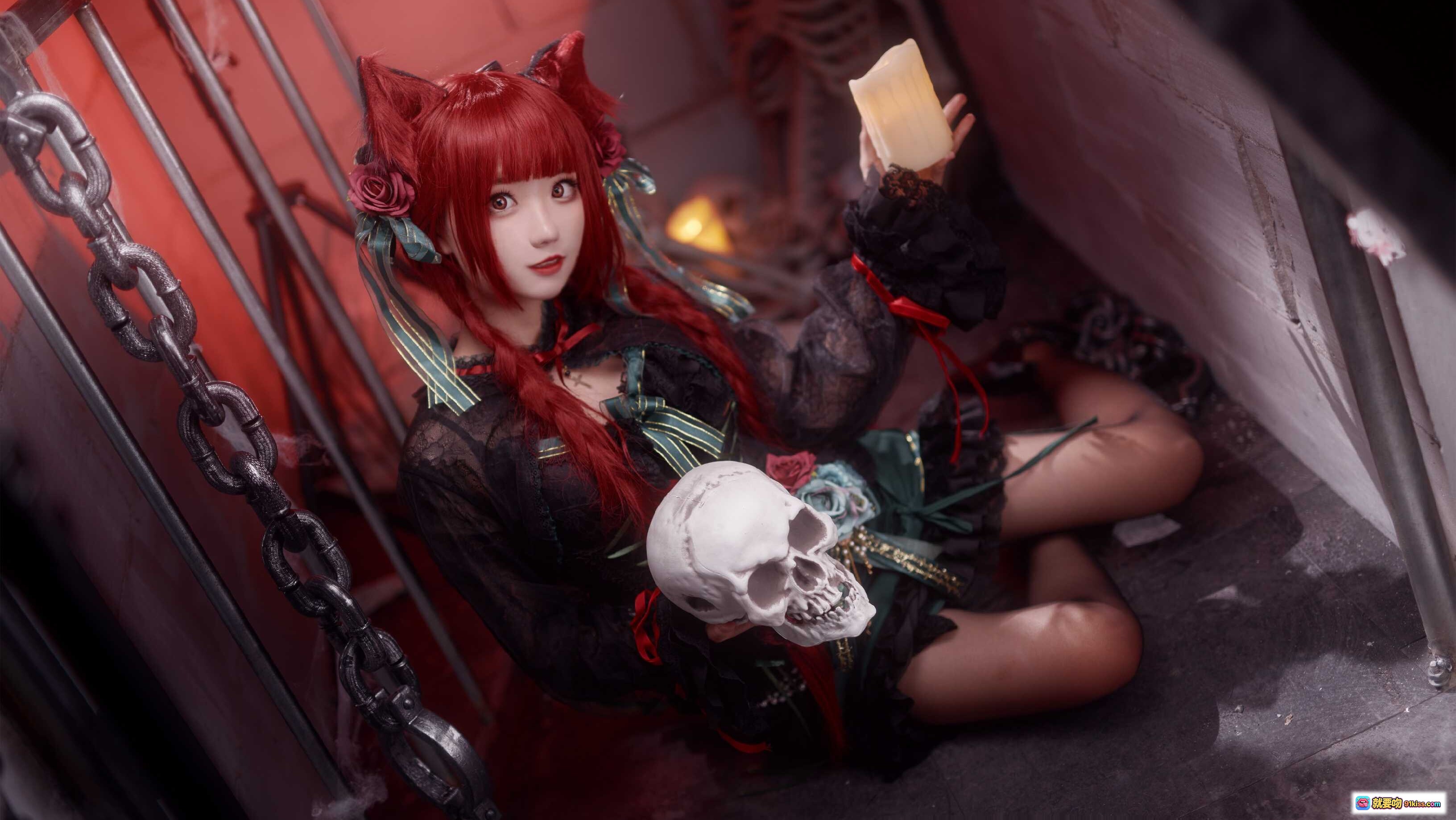 图片[3] - 花柒Hana NO.005 火焰猫燐 Cosplay 黑色蕾丝哥特风 红发双马尾 花饰洛丽塔 优雅暗黑系造型 - 就要吻