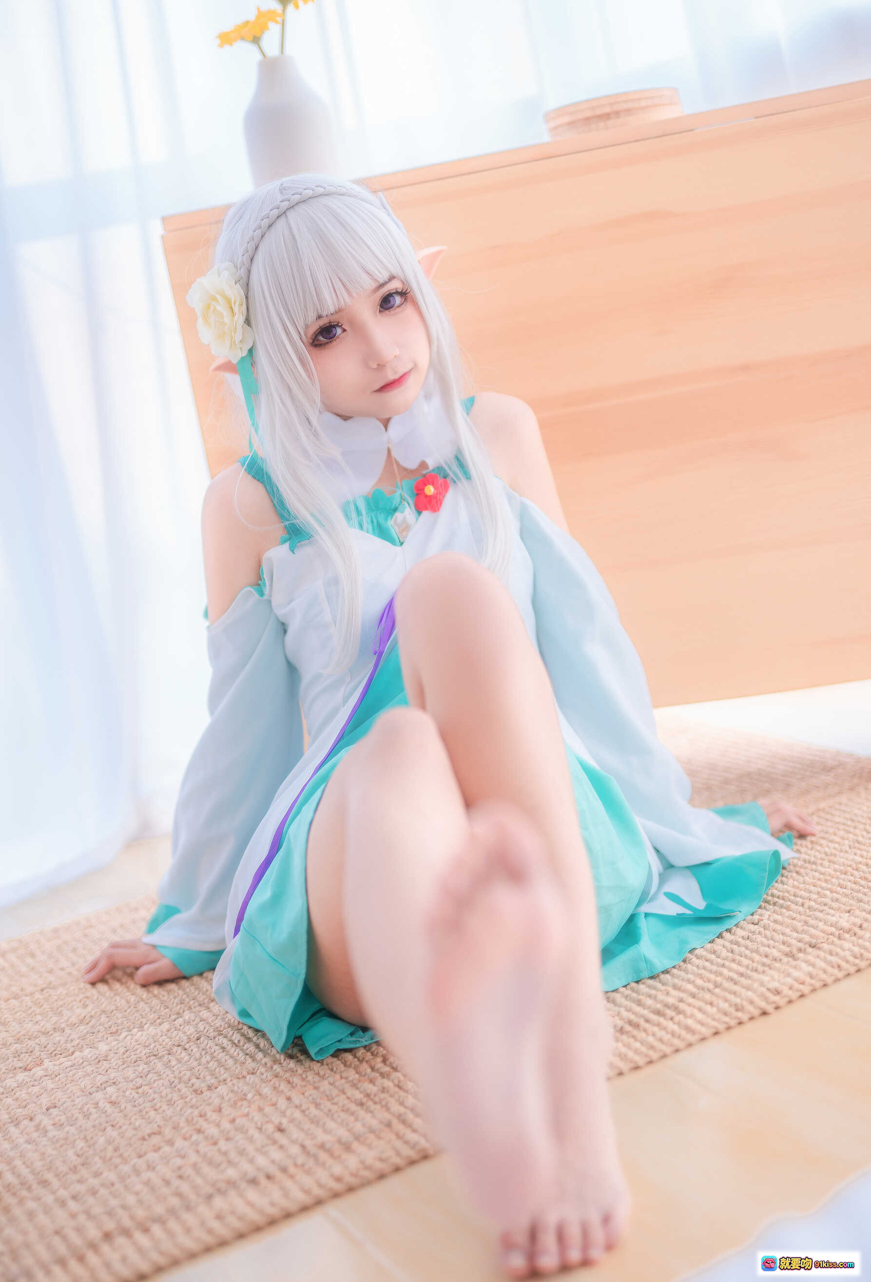 图片[9] - 蠢沫沫NO.027绿睡衣cos写真 精灵耳白发少女居家风清新甜美40P高清图集 - 就要吻