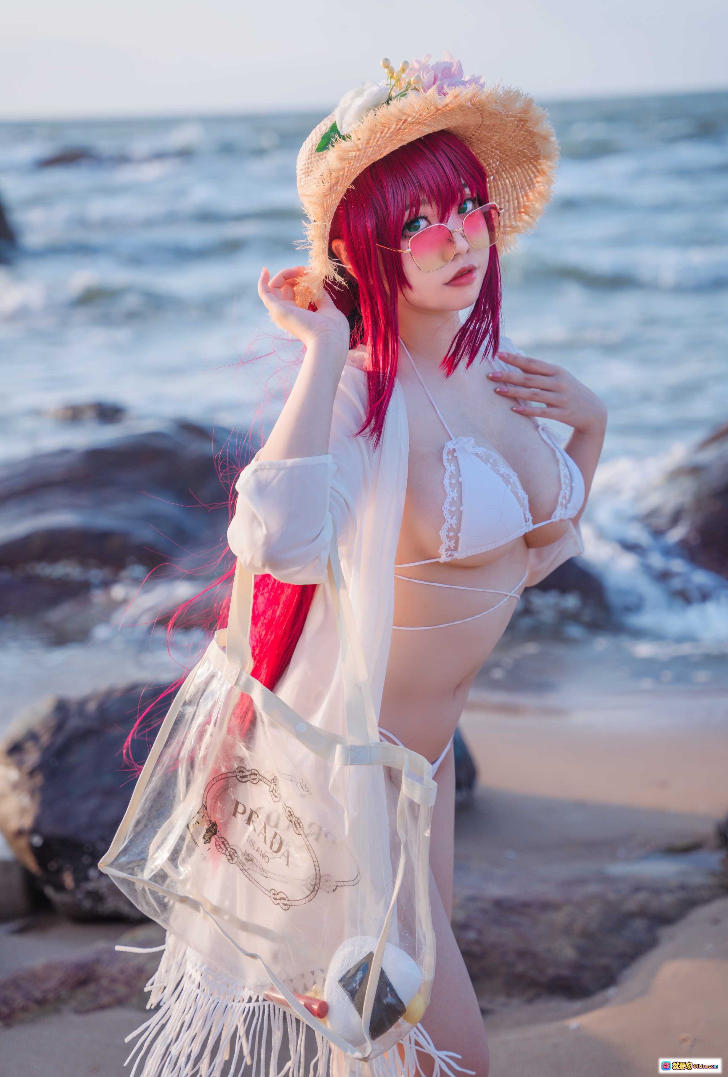 图片[10] - 啊日日_Ganlory NO.008 絮库夫泳装写真｜粉发少女海滩比基尼+草帽花饰+透明手提包+白色流苏罩衫｜40P高清图集 - 就要吻