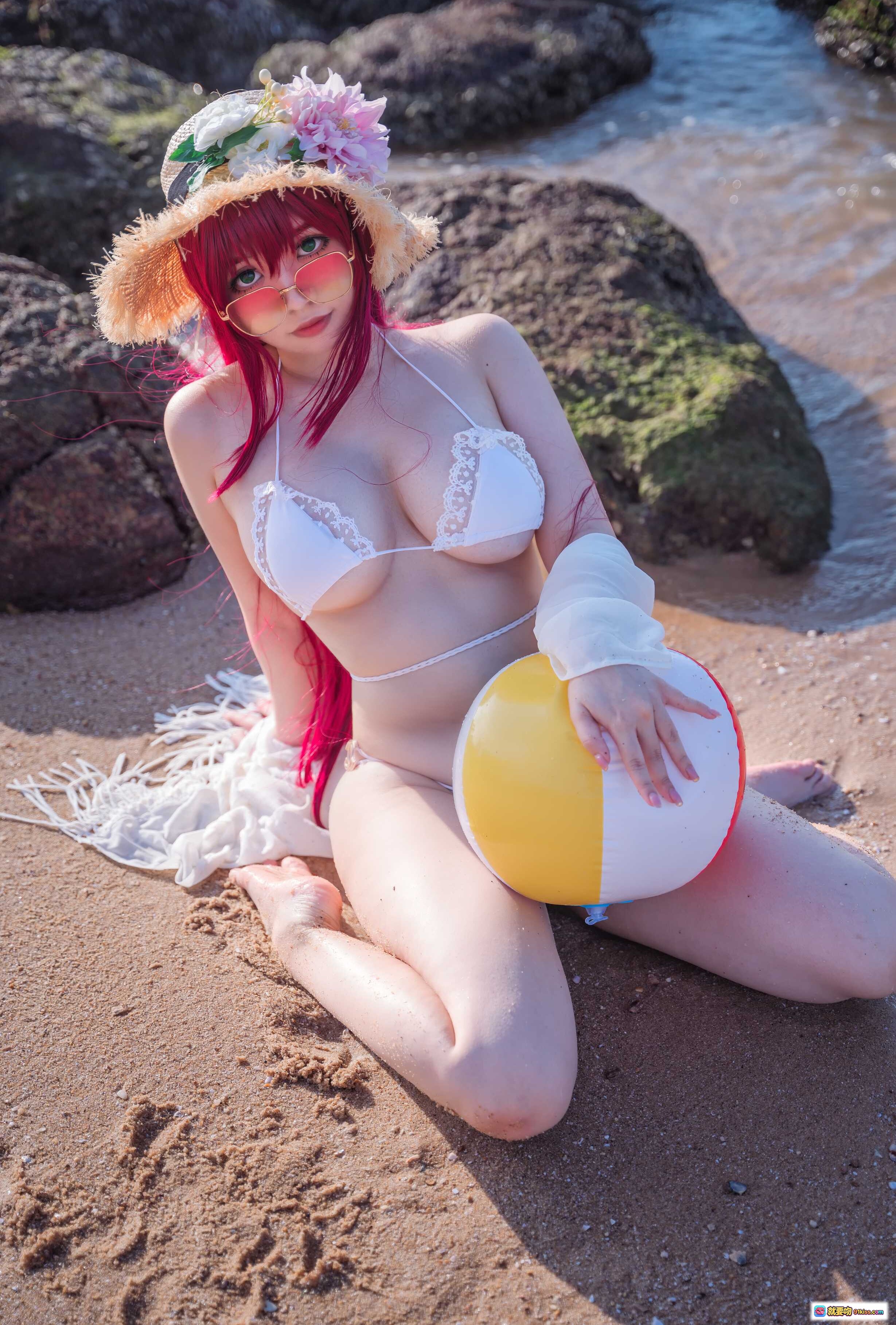 图片[6] - 啊日日_Ganlory NO.008 絮库夫泳装写真｜粉发少女海滩比基尼+草帽花饰+透明手提包+白色流苏罩衫｜40P高清图集 - 就要吻