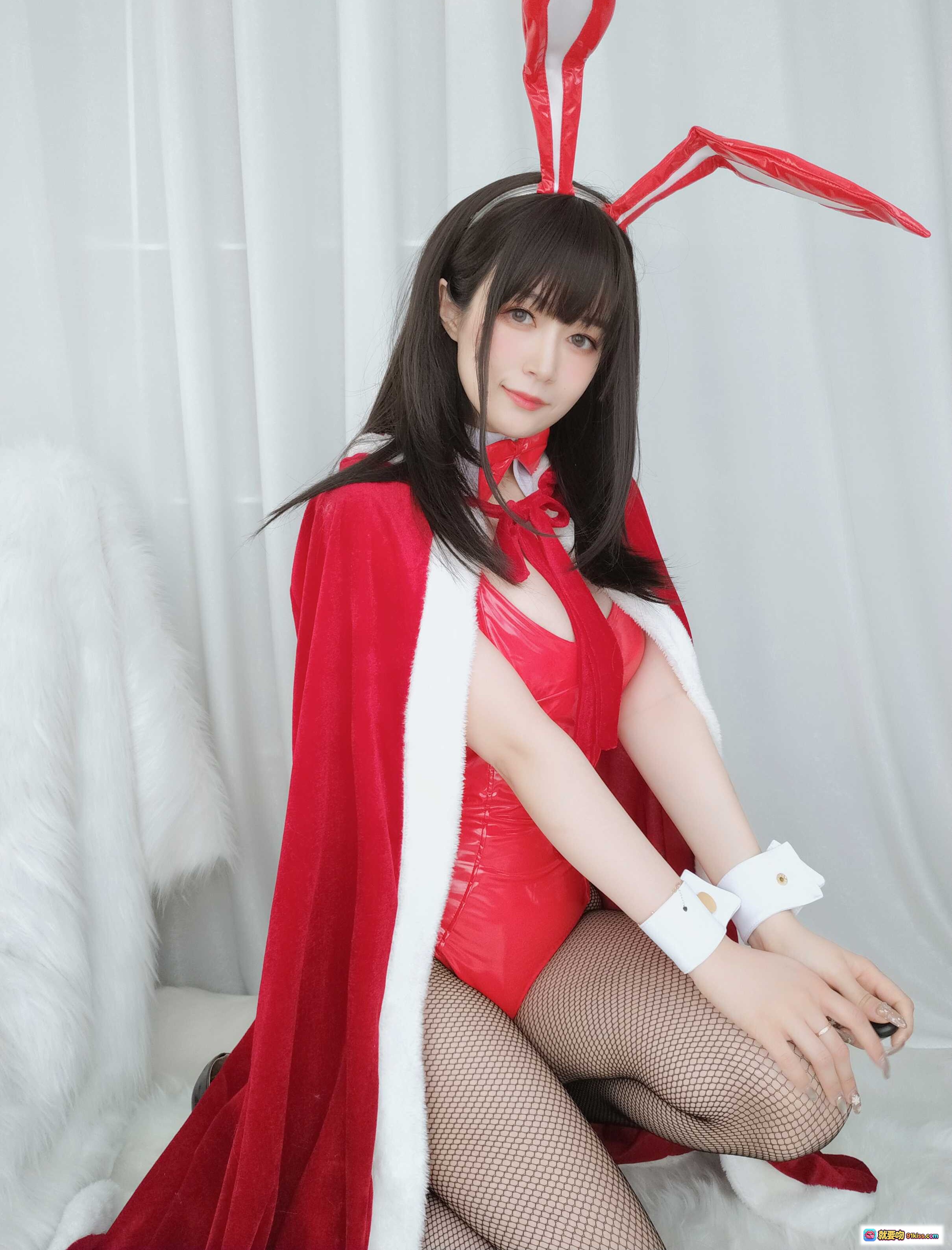 图片[3] - 白银81 NO.054 圣诞兔女郎写真 红色斗篷+渔网袜+兔耳发饰 97P高清美图 - 就要吻