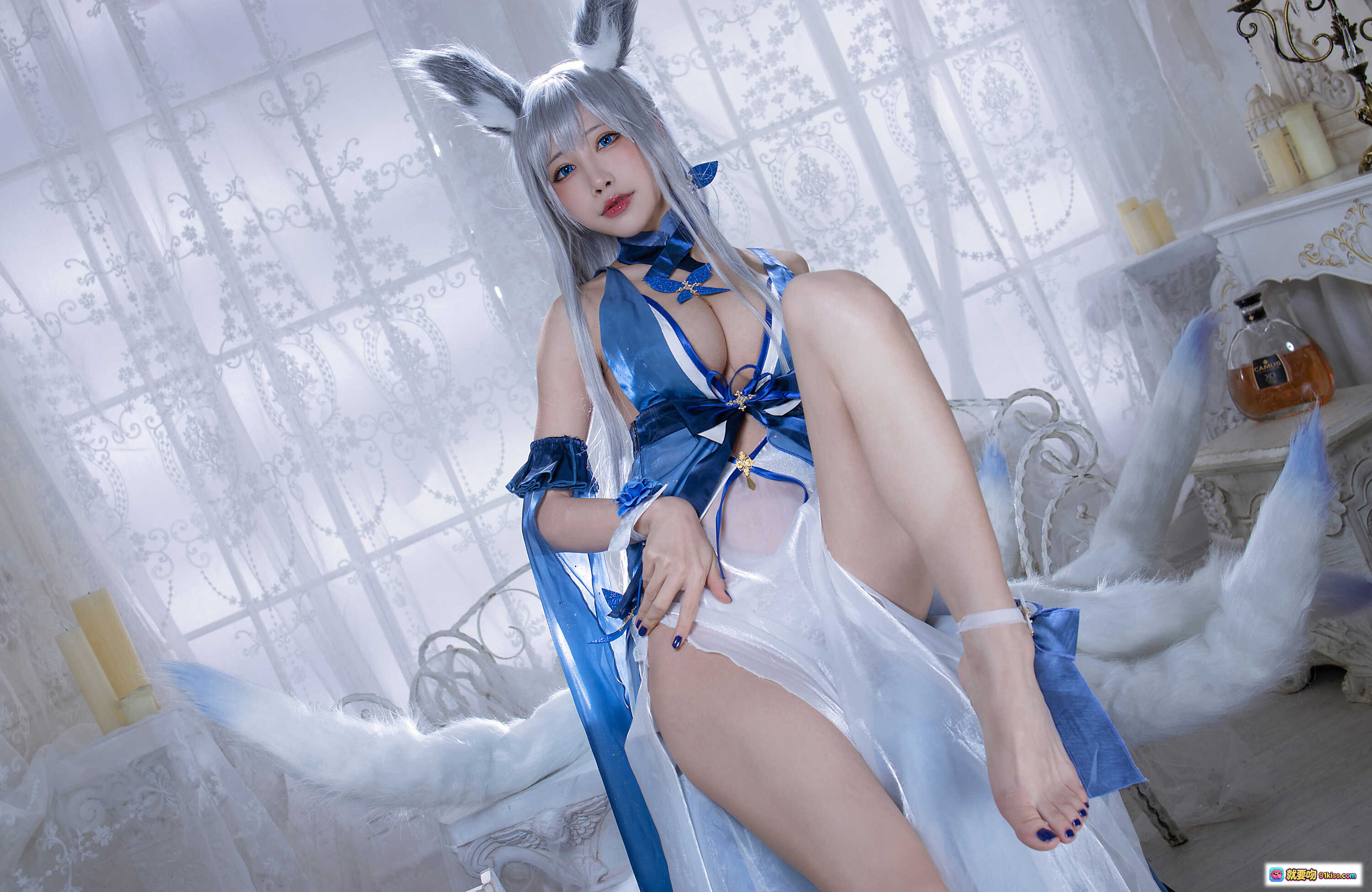 水淼NO.070信浓Cosplay写真｜蓝白兔女郎装｜银发兔耳造型｜高开叉透明裙｜室内蕾丝窗景拍摄 - 就要吻