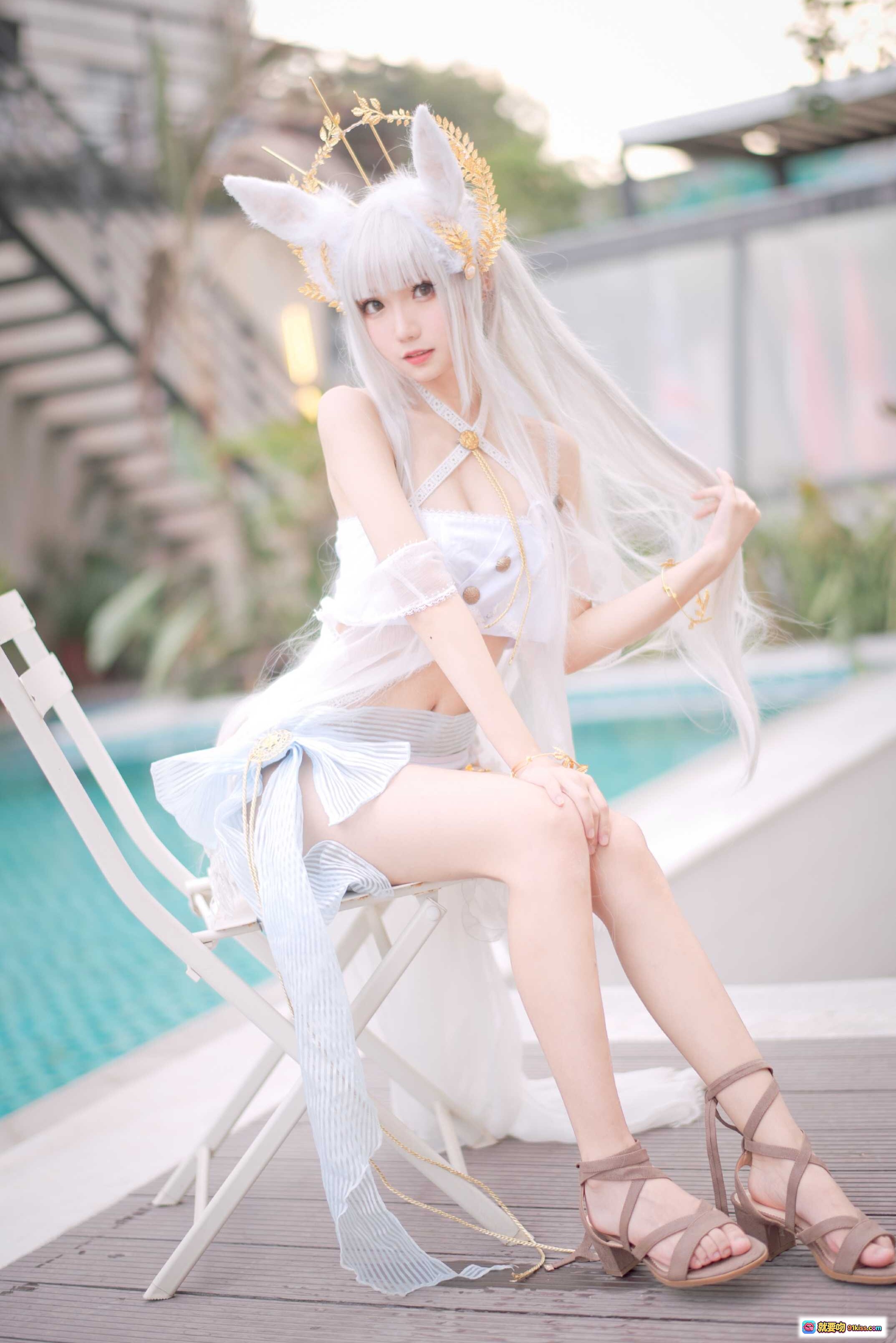 图片[5] - 花柒Hana NO.006 白金cos泳装写真｜泳池边仙气白裙兔耳造型｜18P高清美图 - 就要吻