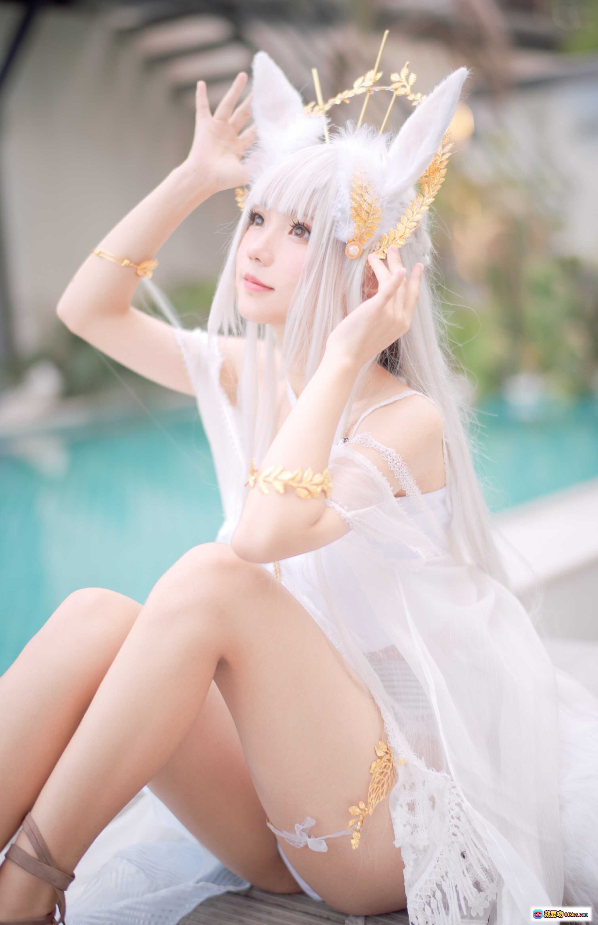 图片[4] - 花柒Hana NO.006 白金cos泳装写真｜泳池边仙气白裙兔耳造型｜18P高清美图 - 就要吻