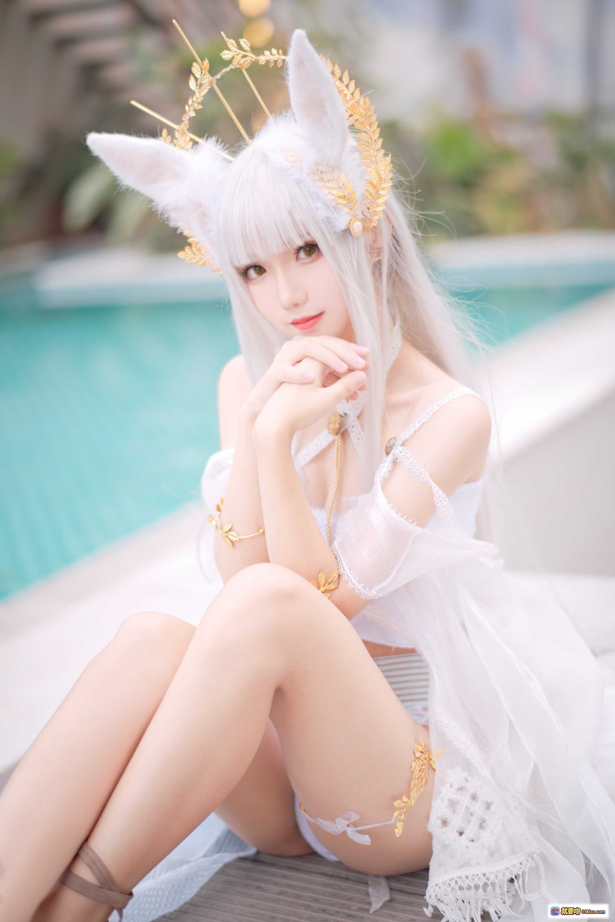 图片[6] - 花柒Hana NO.006 白金cos泳装写真｜泳池边仙气白裙兔耳造型｜18P高清美图 - 就要吻