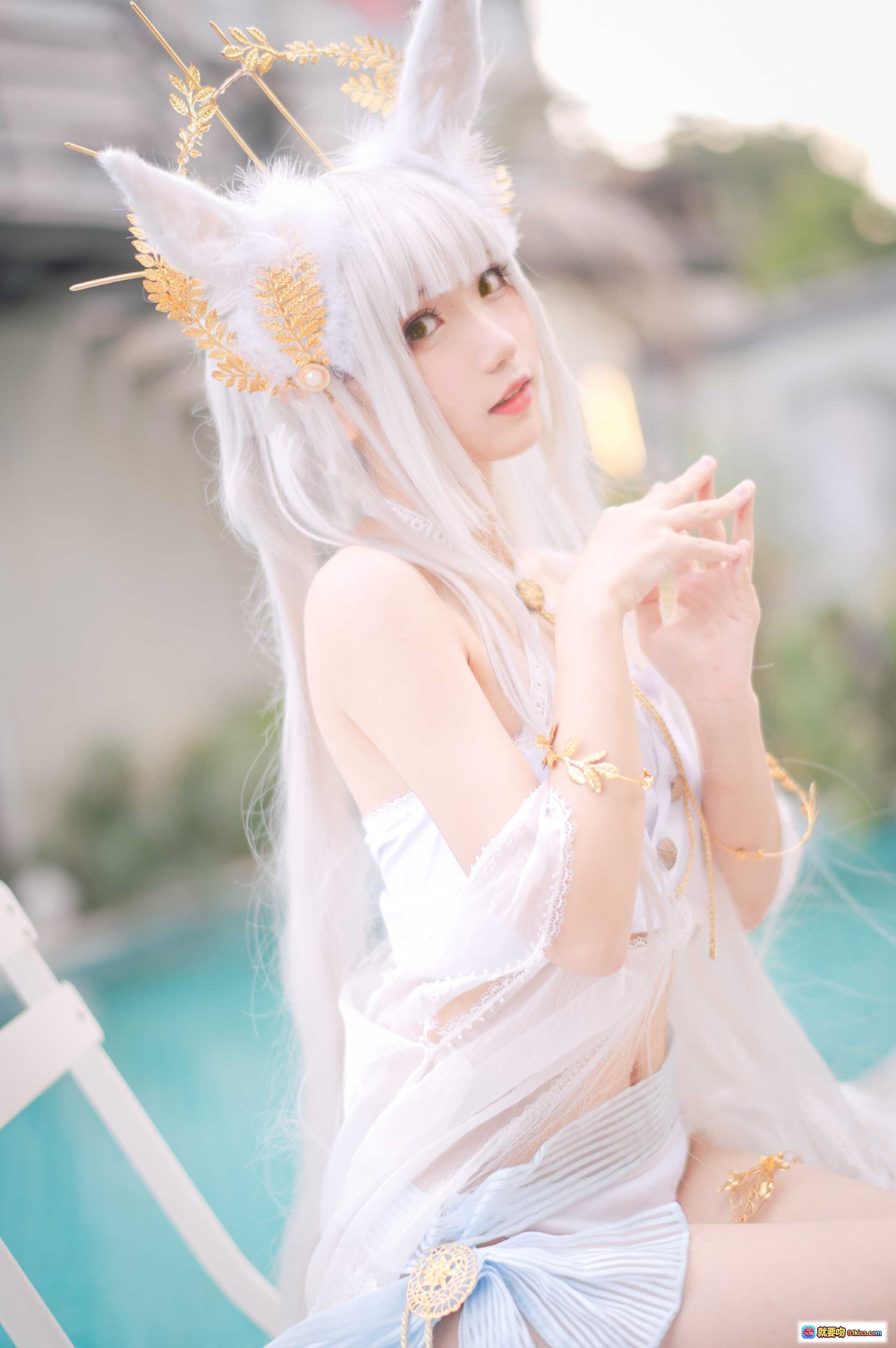 图片[3] - 花柒Hana NO.006 白金cos泳装写真｜泳池边仙气白裙兔耳造型｜18P高清美图 - 就要吻