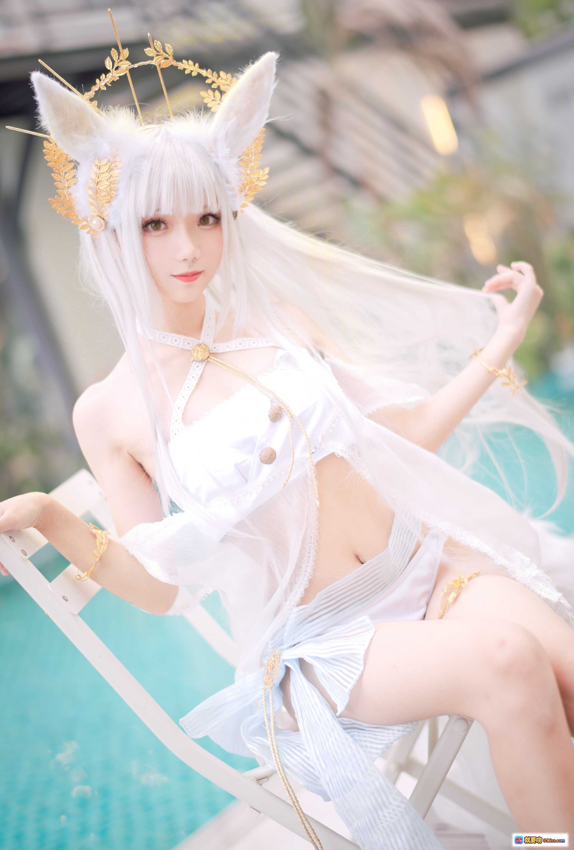 图片[7] - 花柒Hana NO.006 白金cos泳装写真｜泳池边仙气白裙兔耳造型｜18P高清美图 - 就要吻