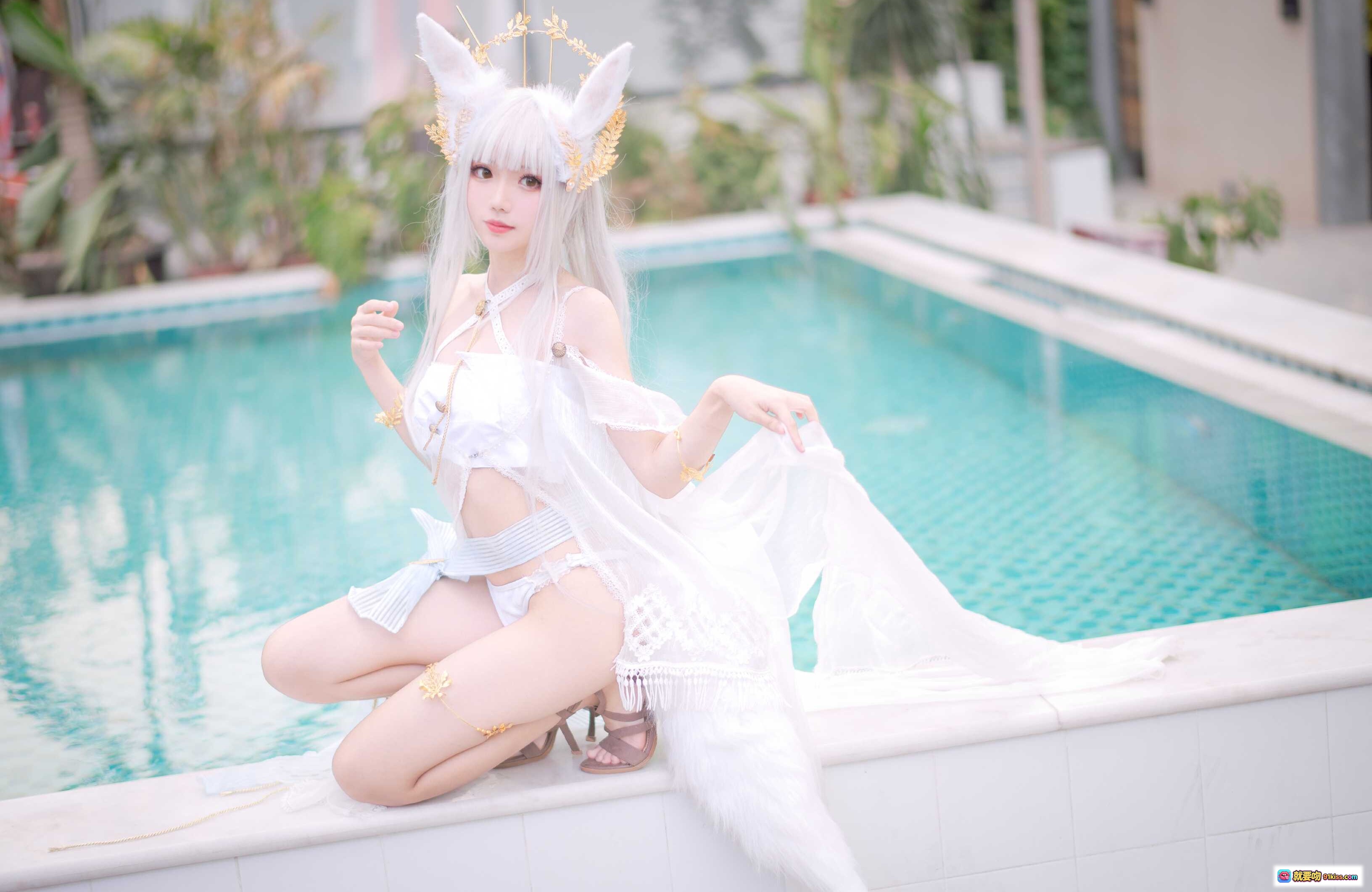 图片[10] - 花柒Hana NO.006 白金cos泳装写真｜泳池边仙气白裙兔耳造型｜18P高清美图 - 就要吻