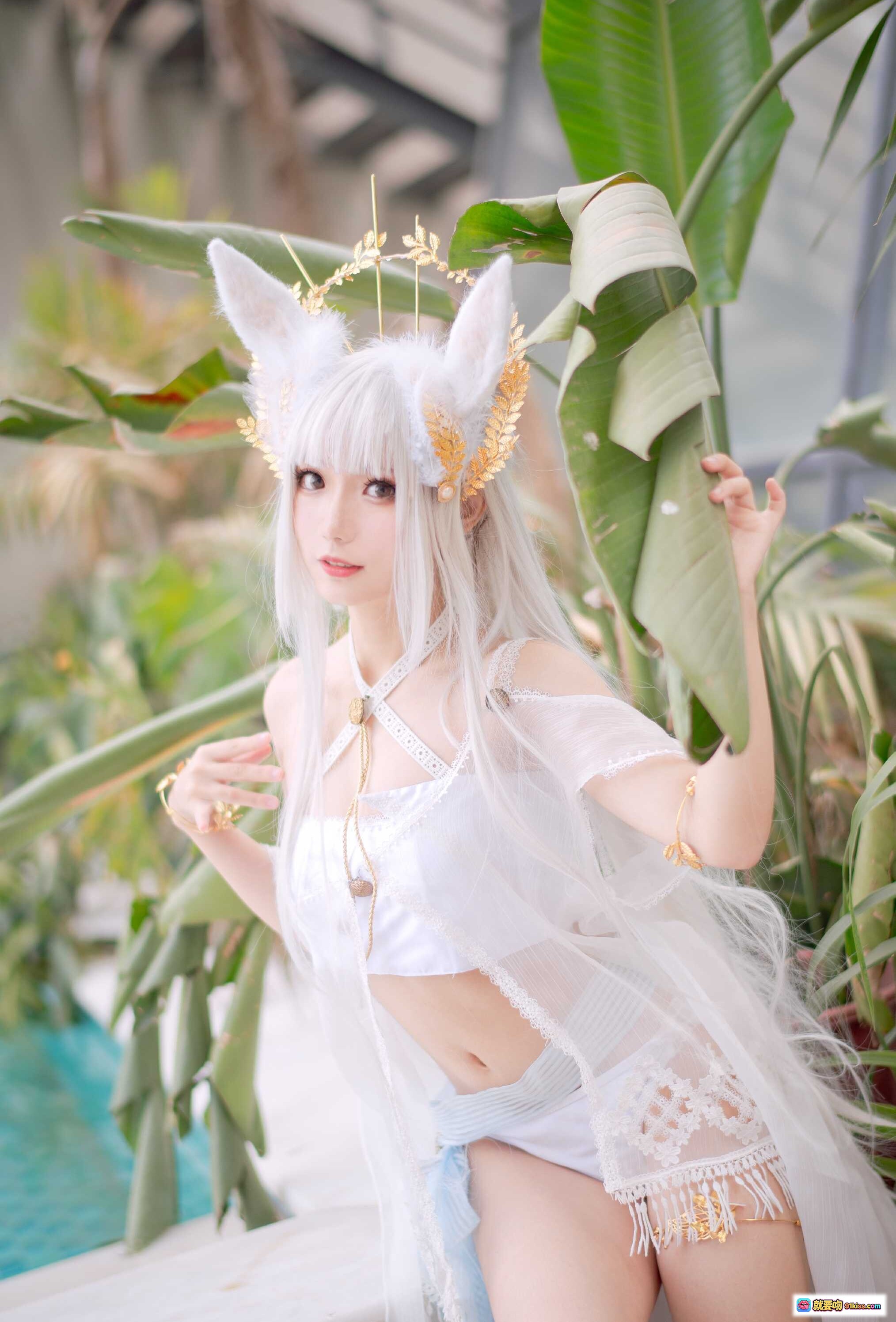 图片[9] - 花柒Hana NO.006 白金cos泳装写真｜泳池边仙气白裙兔耳造型｜18P高清美图 - 就要吻