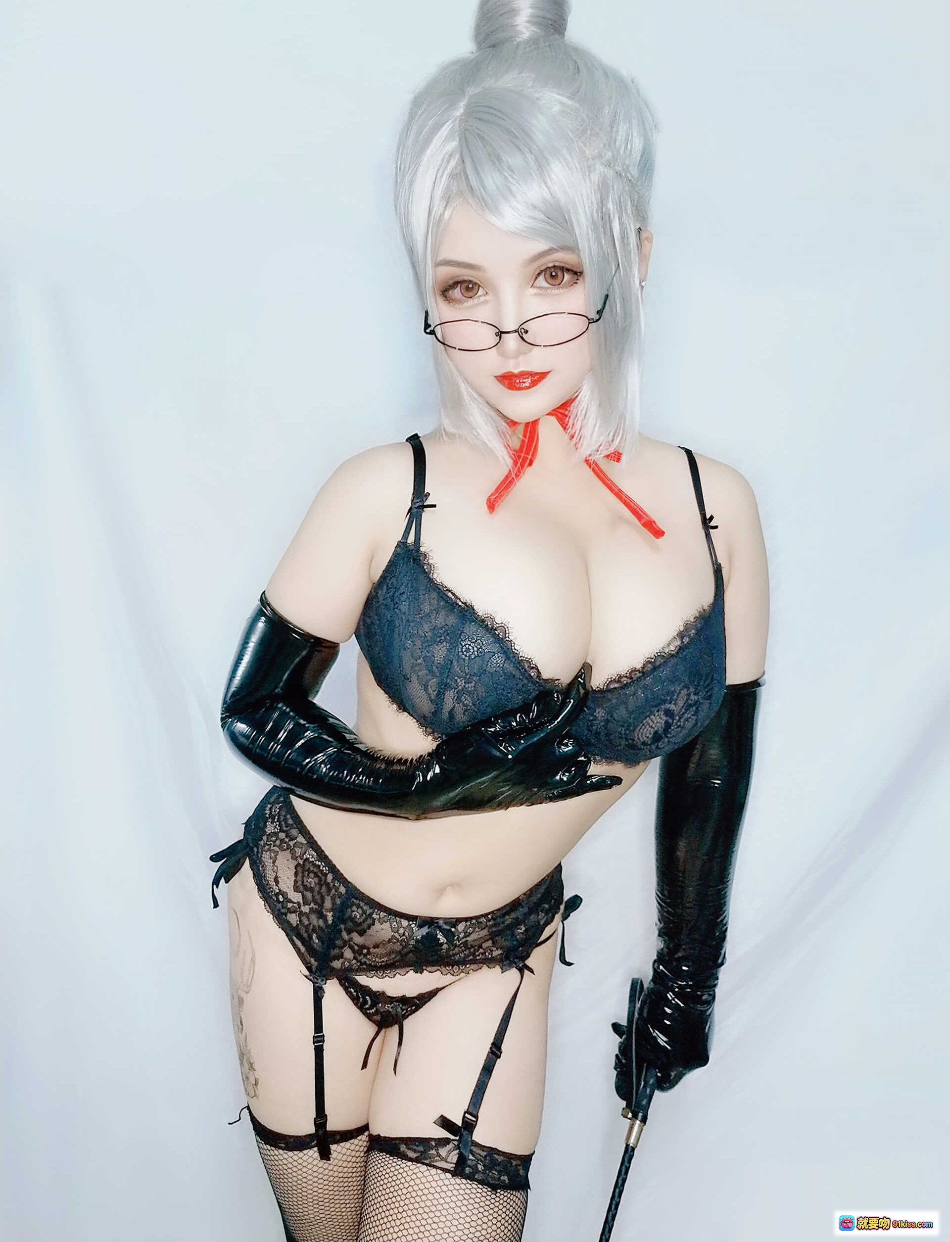 图片[9] - 夏鸽鸽不想起床NO.003副会长内衣ver黑蕾丝渔网袜长手套银发眼镜性感写真22P - 就要吻