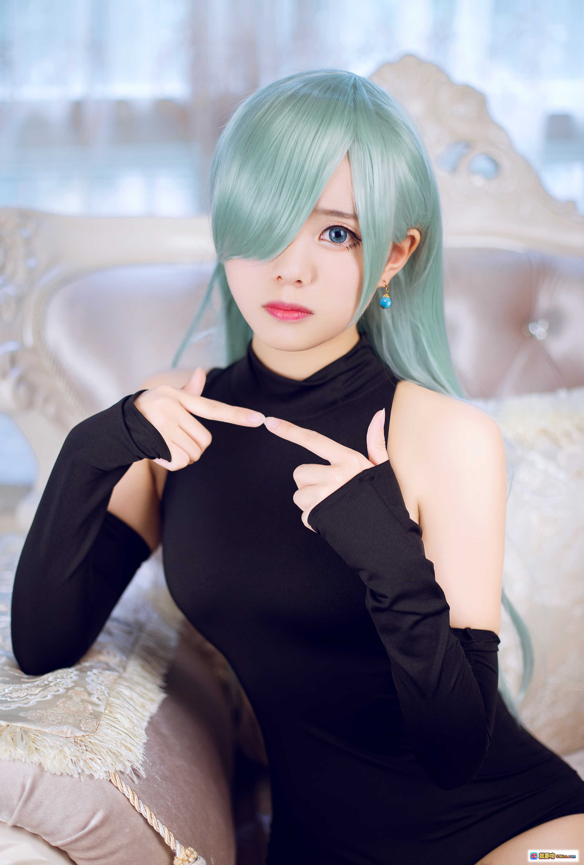 图片[9] - 小野妹子W NO.045 伊丽莎白 Cosplay 美少女 绿发长发 黑色紧身衣 过膝袜 沙发写真 17P高清图集 - 就要吻