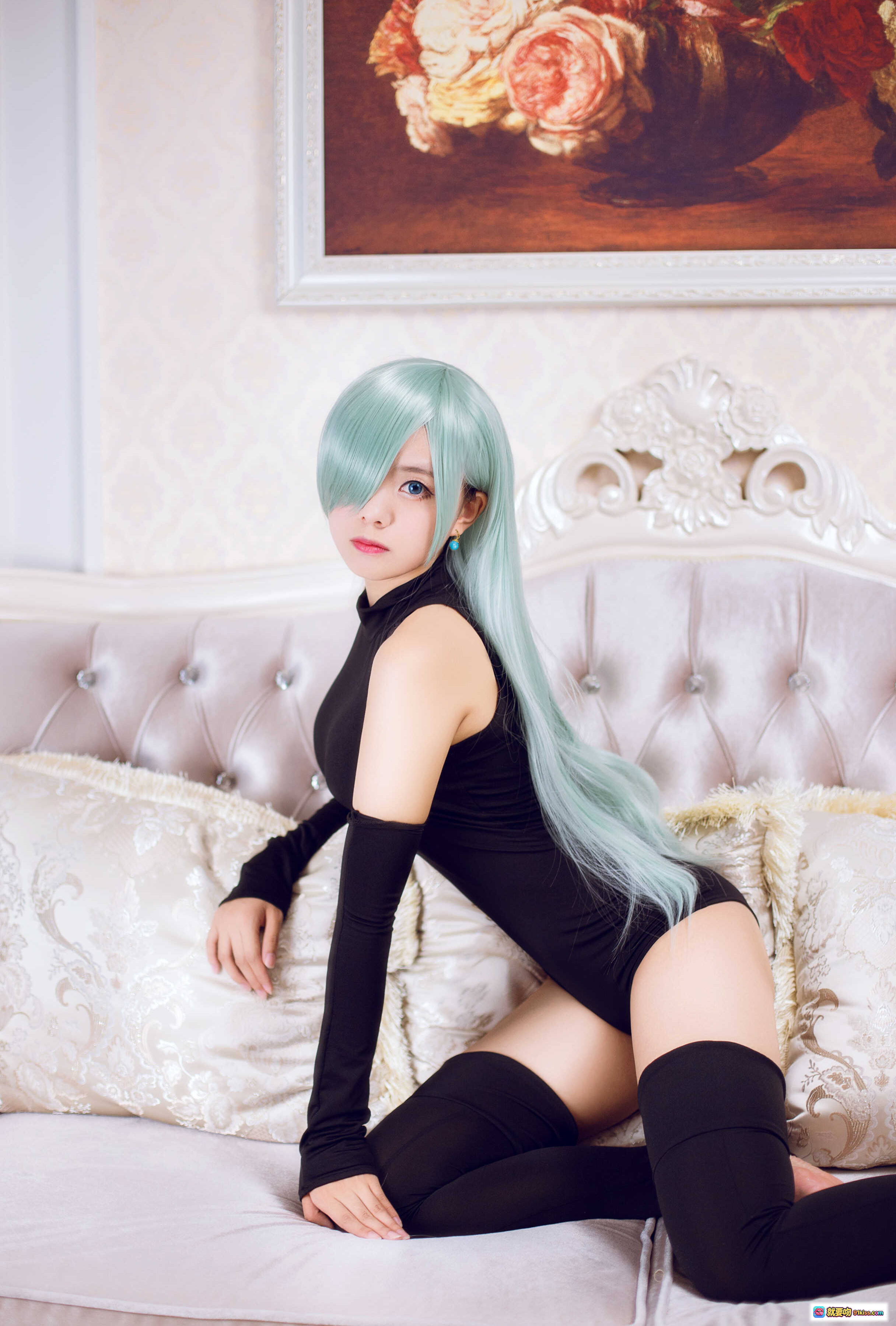 图片[2] - 小野妹子W NO.045 伊丽莎白 Cosplay 美少女 绿发长发 黑色紧身衣 过膝袜 沙发写真 17P高清图集 - 就要吻
