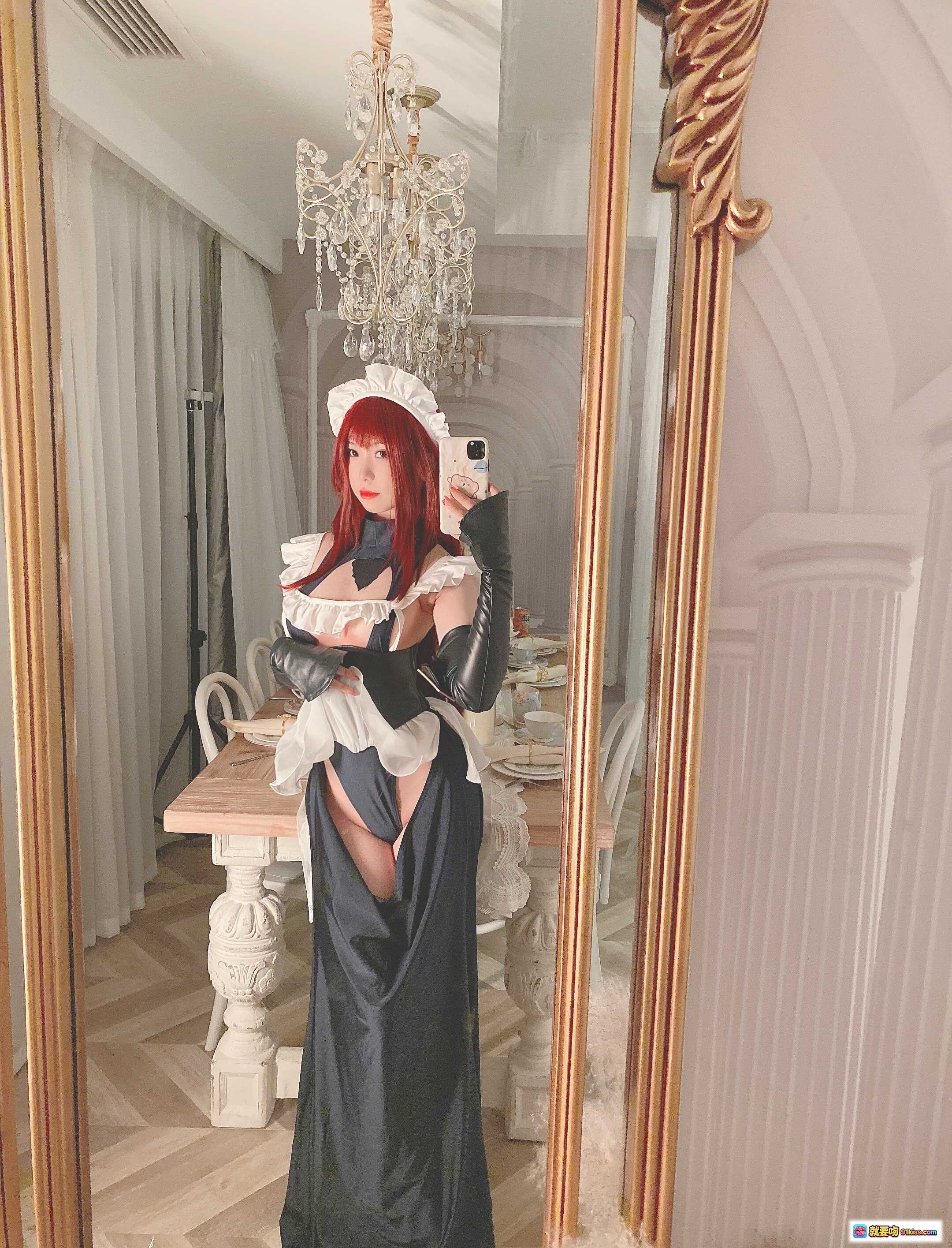 图片[2] - 斯卡哈同人女仆cos写真 | 白色上衣+深蓝开衩裙 | 红发造型 | 24P高清图集 | 一北亦北NO.011 - 就要吻