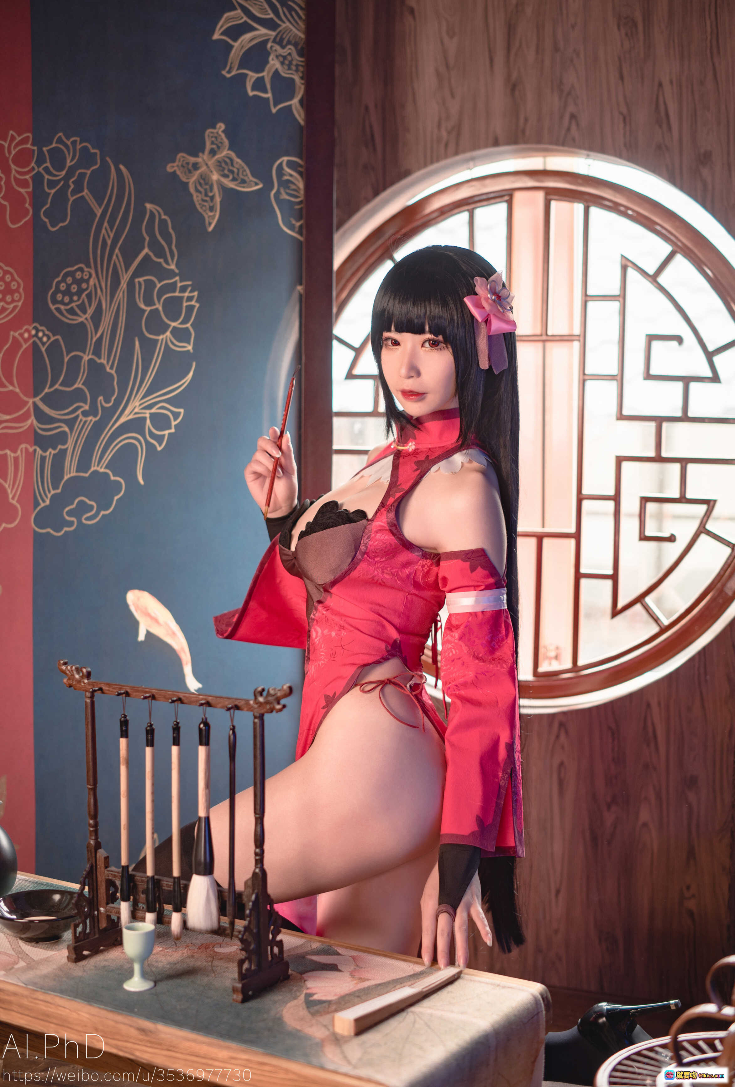 图片[8] - 爱老师蛇喰梦子Cosplay写真 | 红色旗袍蕾丝内衣 | 古风书房场景 | 花饰黑发美少女 | 9P高清图集 - 就要吻