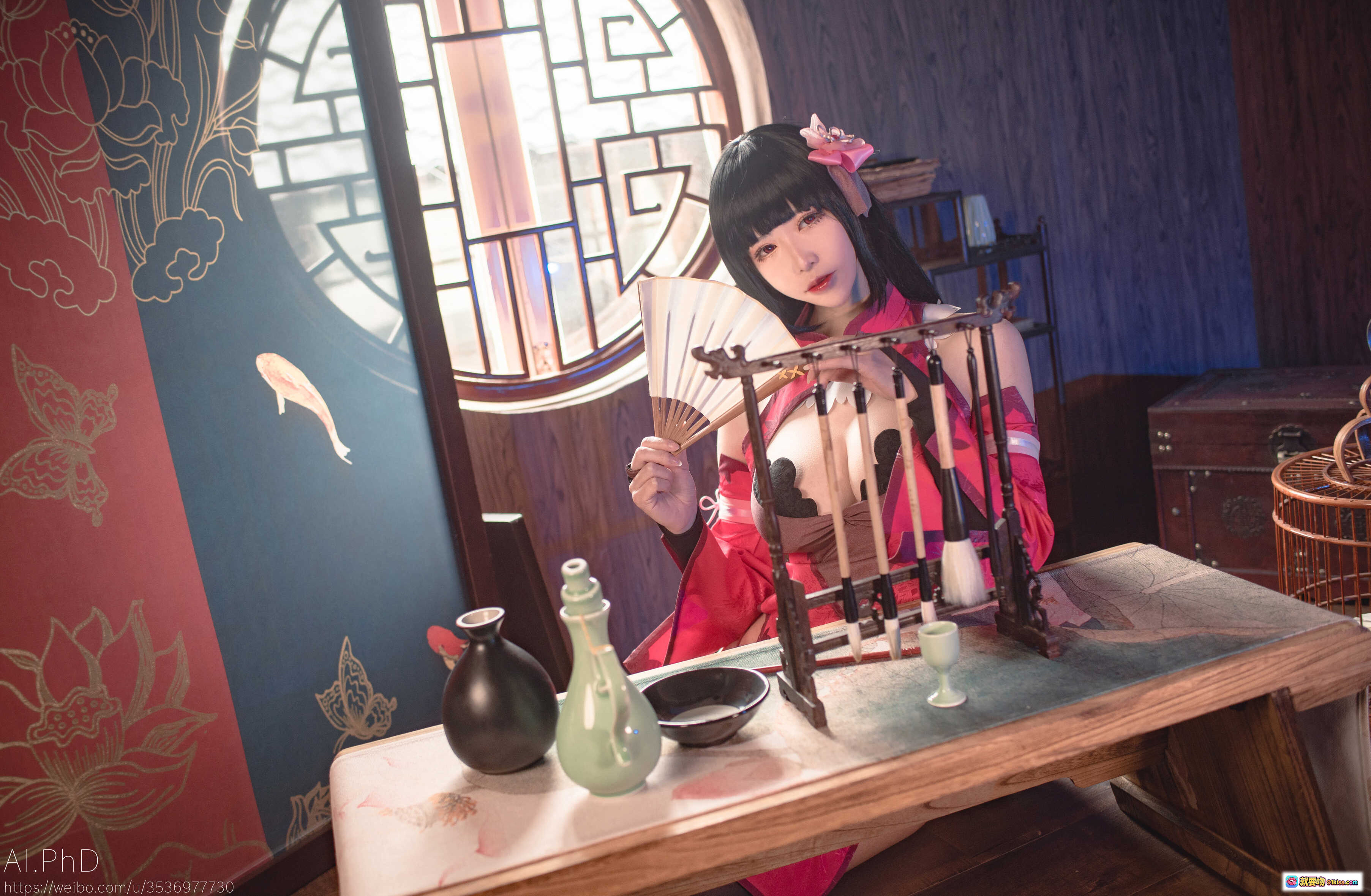 图片[6] - 爱老师蛇喰梦子Cosplay写真 | 红色旗袍蕾丝内衣 | 古风书房场景 | 花饰黑发美少女 | 9P高清图集 - 就要吻