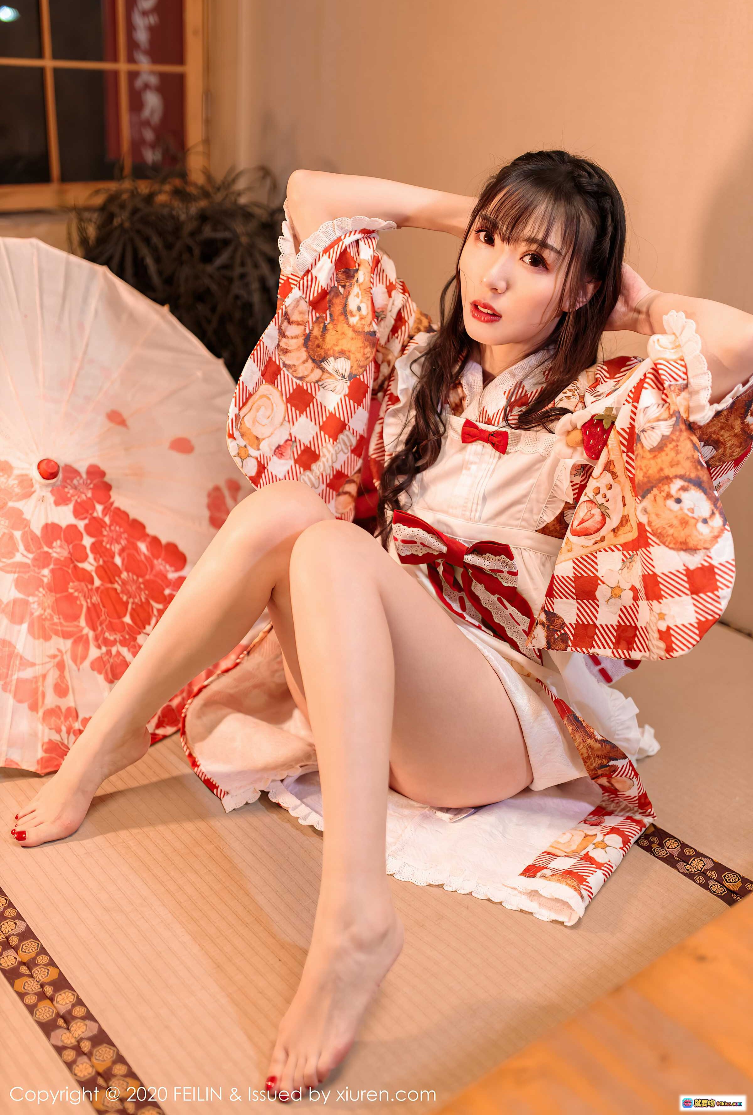 图片[8] - 小波多和风浴衣写真 | 日式榻榻米美腿诱惑 | 红白花卉图案浴袍 | 裸足坐姿性感私房照 | FEILIN Vol.360 2020.12.16 - 就要吻