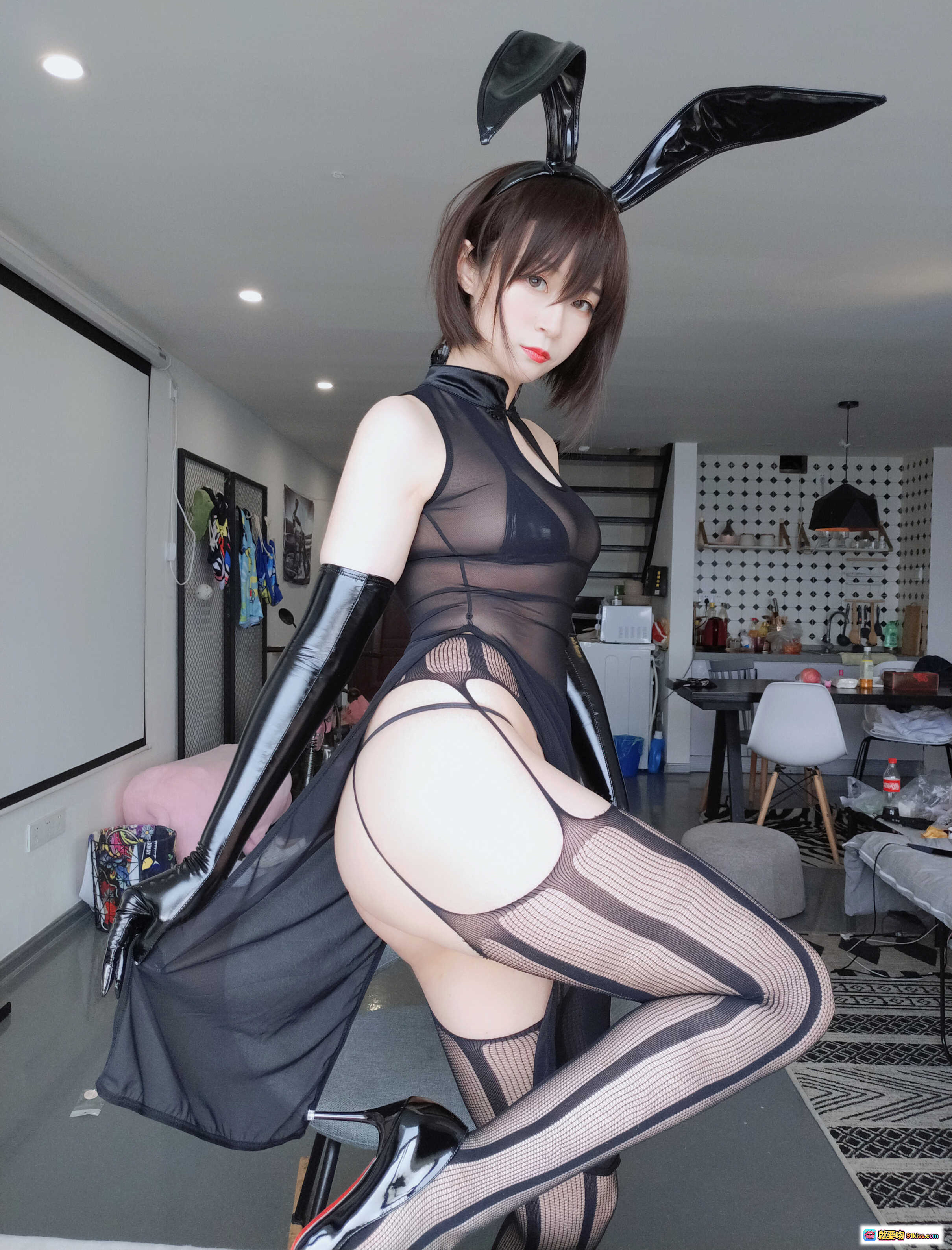 图片[3] - 白银81 NO.003 透明旗袍兔女郎写真 43P高清美图 黑色网纱透视装 性感兔耳造型 室内私房摄影 - 就要吻