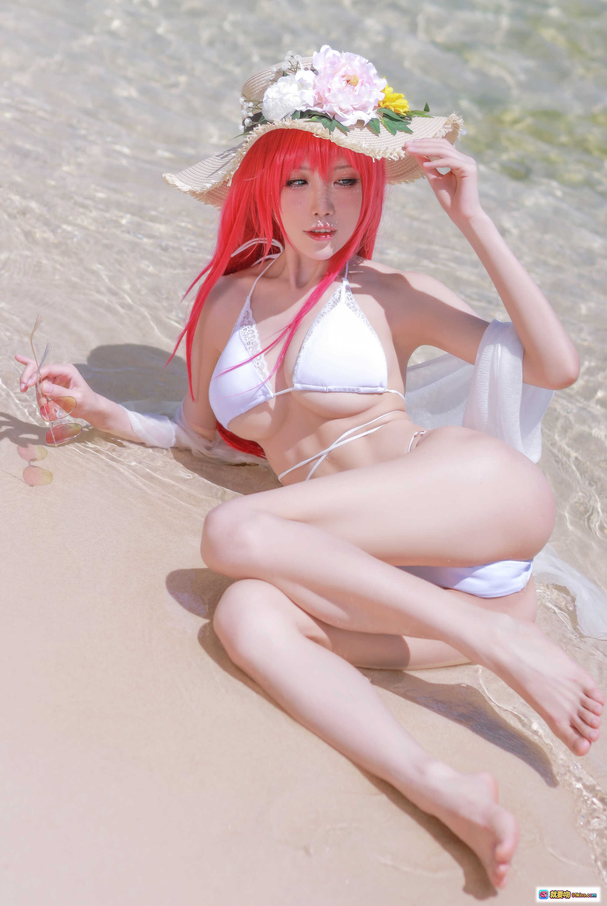 图片[2] - 水淼NO.064絮库夫泳装写真｜粉发少女海滩度假风｜蕾丝比基尼+草帽花饰｜透明罩衫性感清新风 - 就要吻