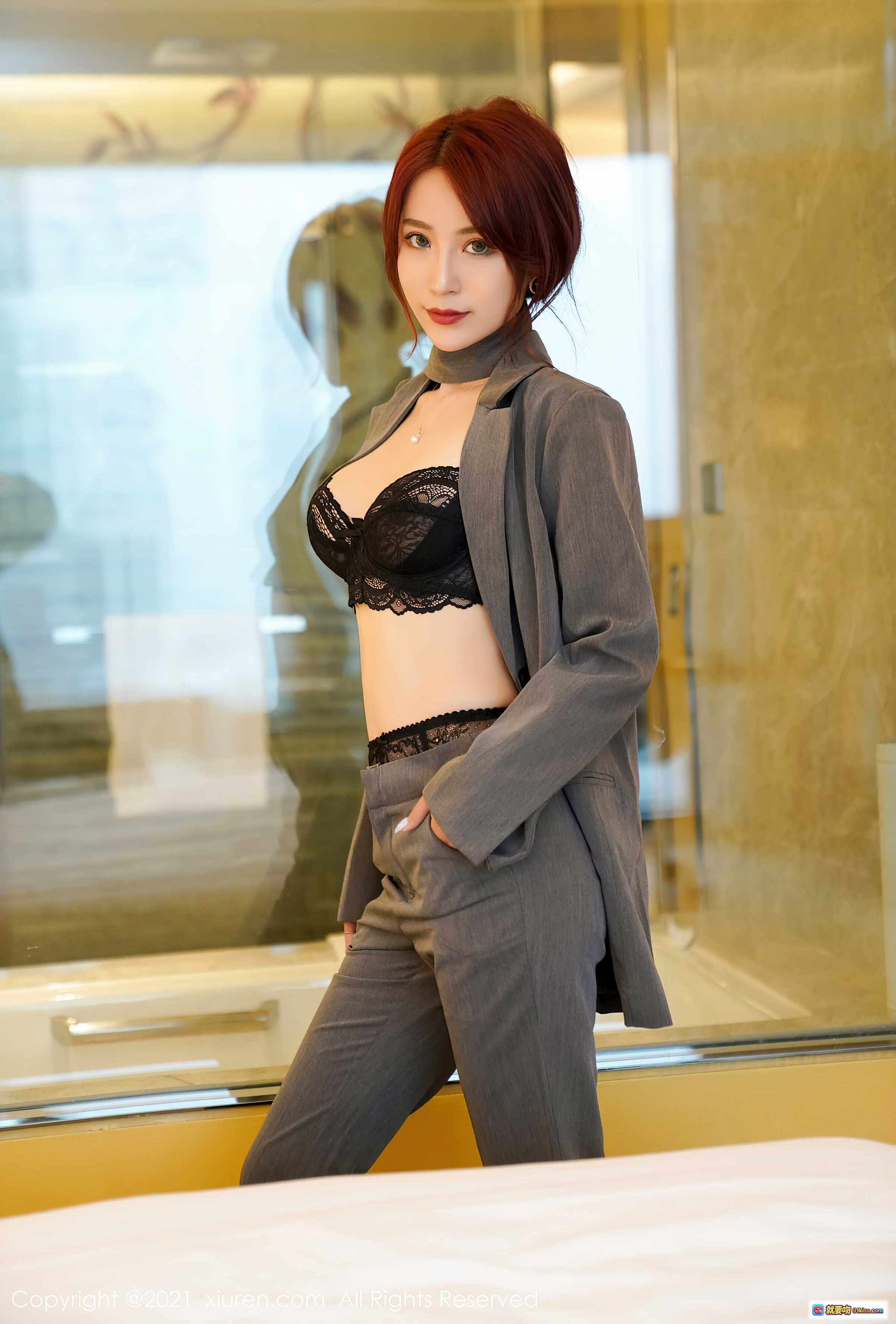 图片[9] - 周慕汐baby灰色西装套装搭配黑色蕾丝内衣写真 | XIUREN秀人网2021.04.30 VOL.3368优雅性感高清图集 - 就要吻