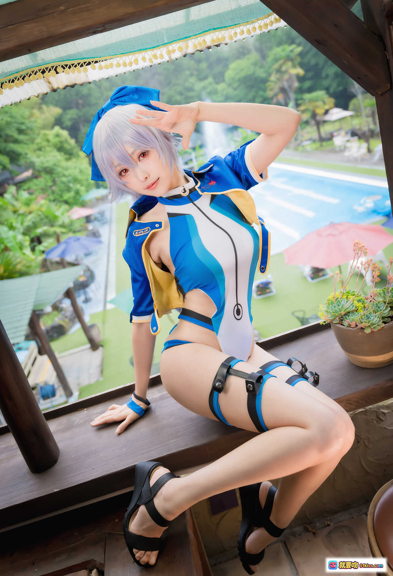 图片[4] - ElyEE子 NO.068 巴御前 Cosplay 精美写真 24P 45MB 蓝色战衣 白发少女 户外木亭 情绪氛围感 高清美图 - 就要吻