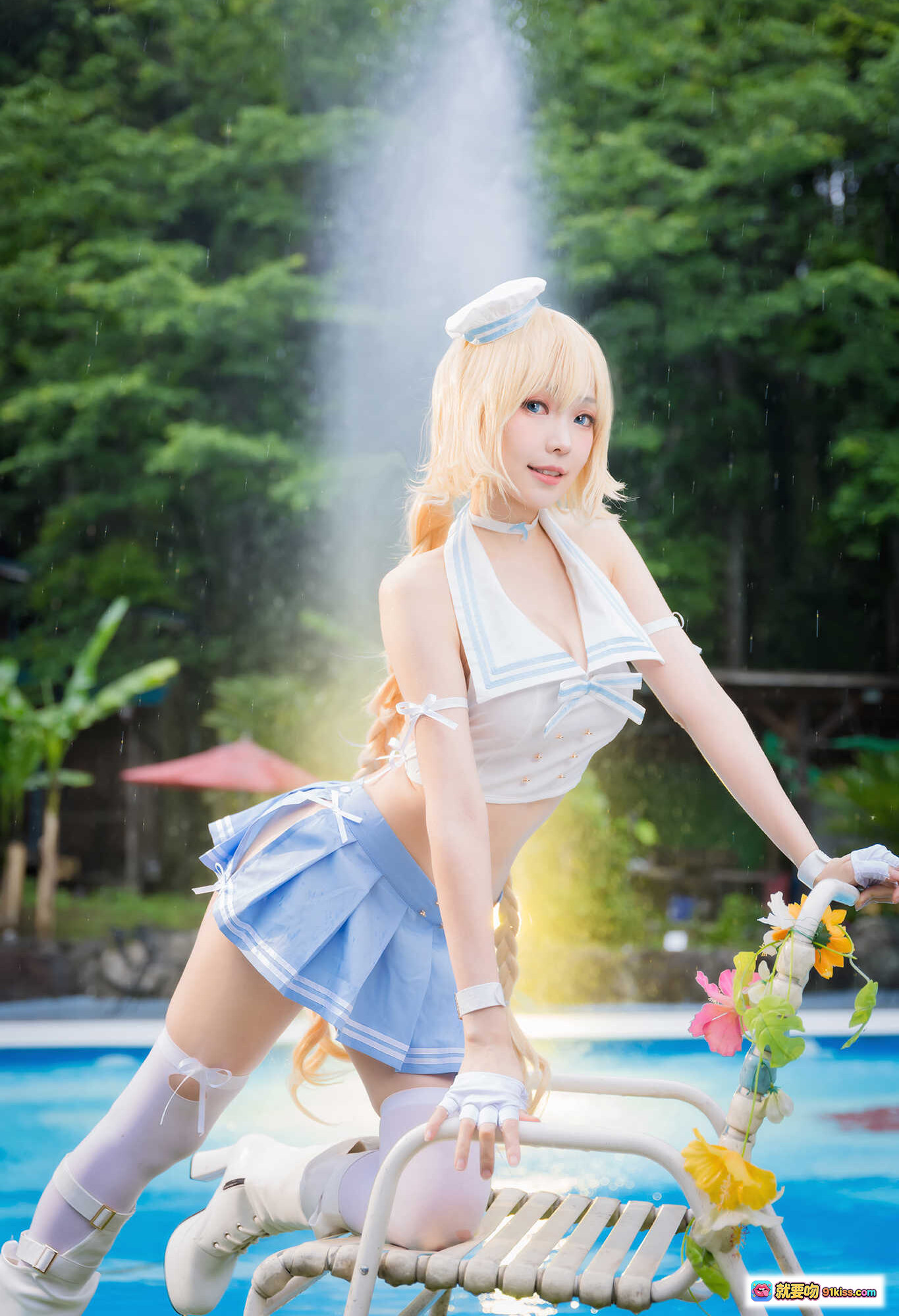 图片[3] - ElyEE子NO.069圣女贞德cosplay泳池写真 金发双马尾 白蓝系服装 水花飞溅自然光户外拍摄 22P高清图集 - 就要吻