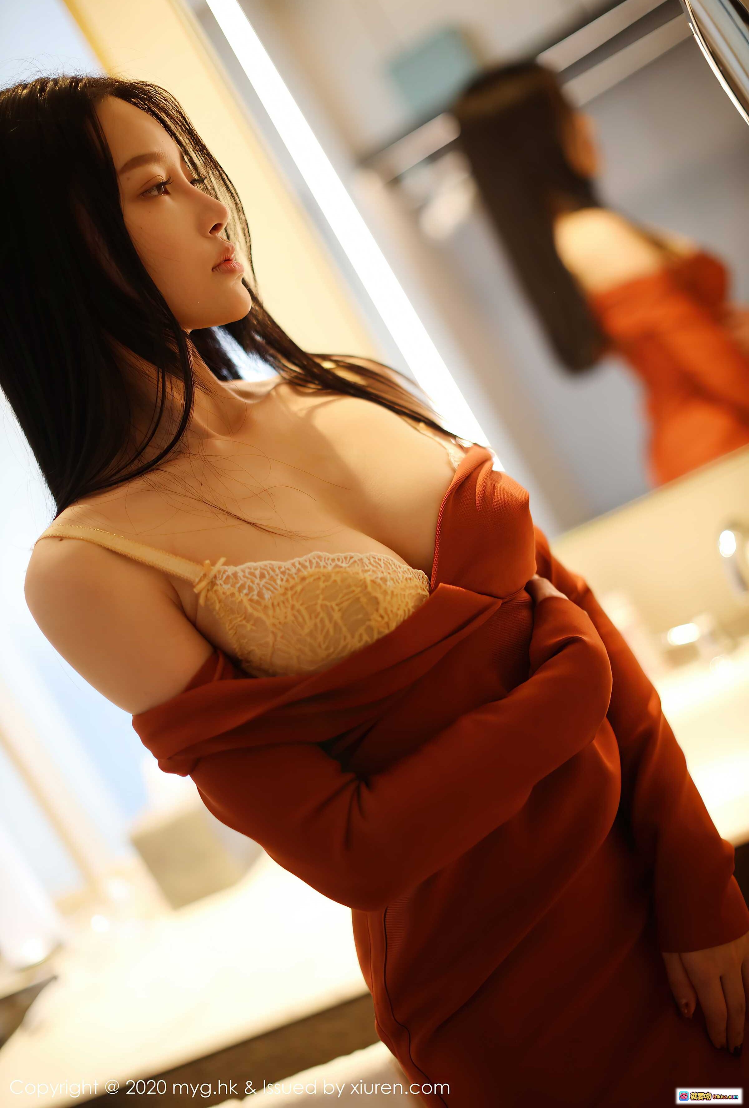 唐琪儿性感写真｜MyGirl美媛馆VOL.466｜橙色露肩长裙＋蕾丝内衣｜室内柔光氛围感大片 - 就要吻