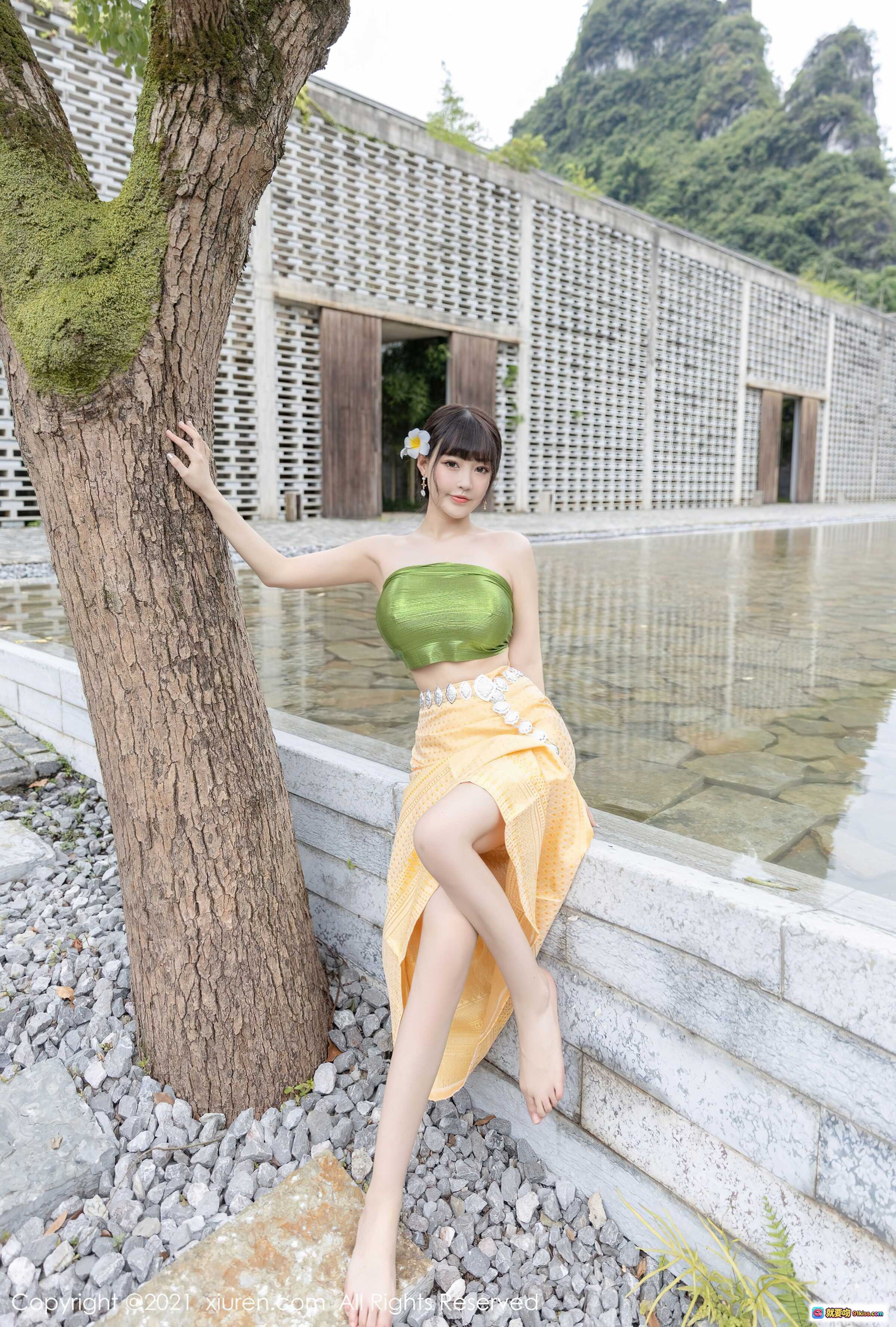 图片[7] - 朱可儿Flower竹林写真 | 绿叶裹胸+银饰腰链 | 秀人网No.3971性感自然风人像摄影 - 就要吻