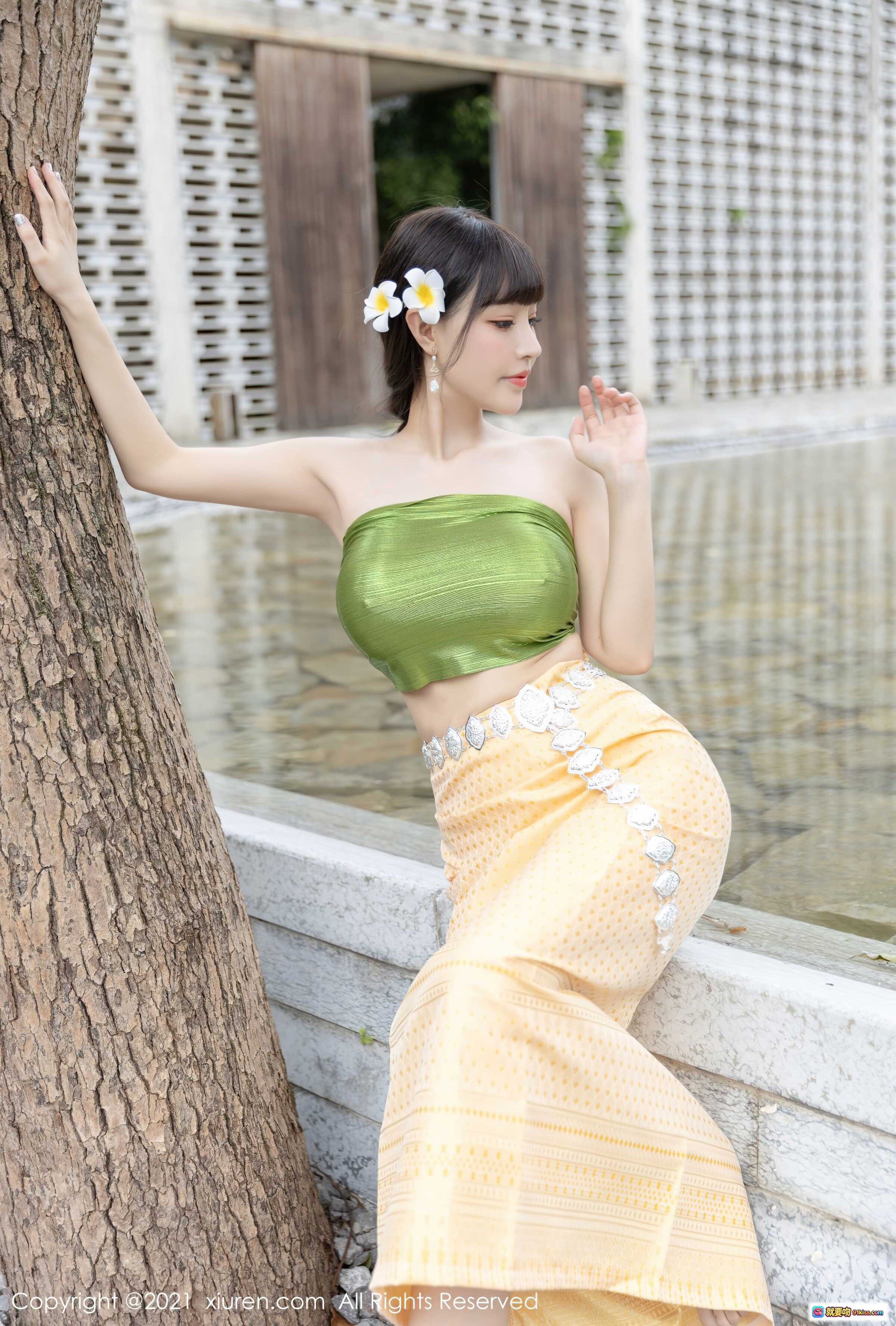 图片[8] - 朱可儿Flower竹林写真 | 绿叶裹胸+银饰腰链 | 秀人网No.3971性感自然风人像摄影 - 就要吻