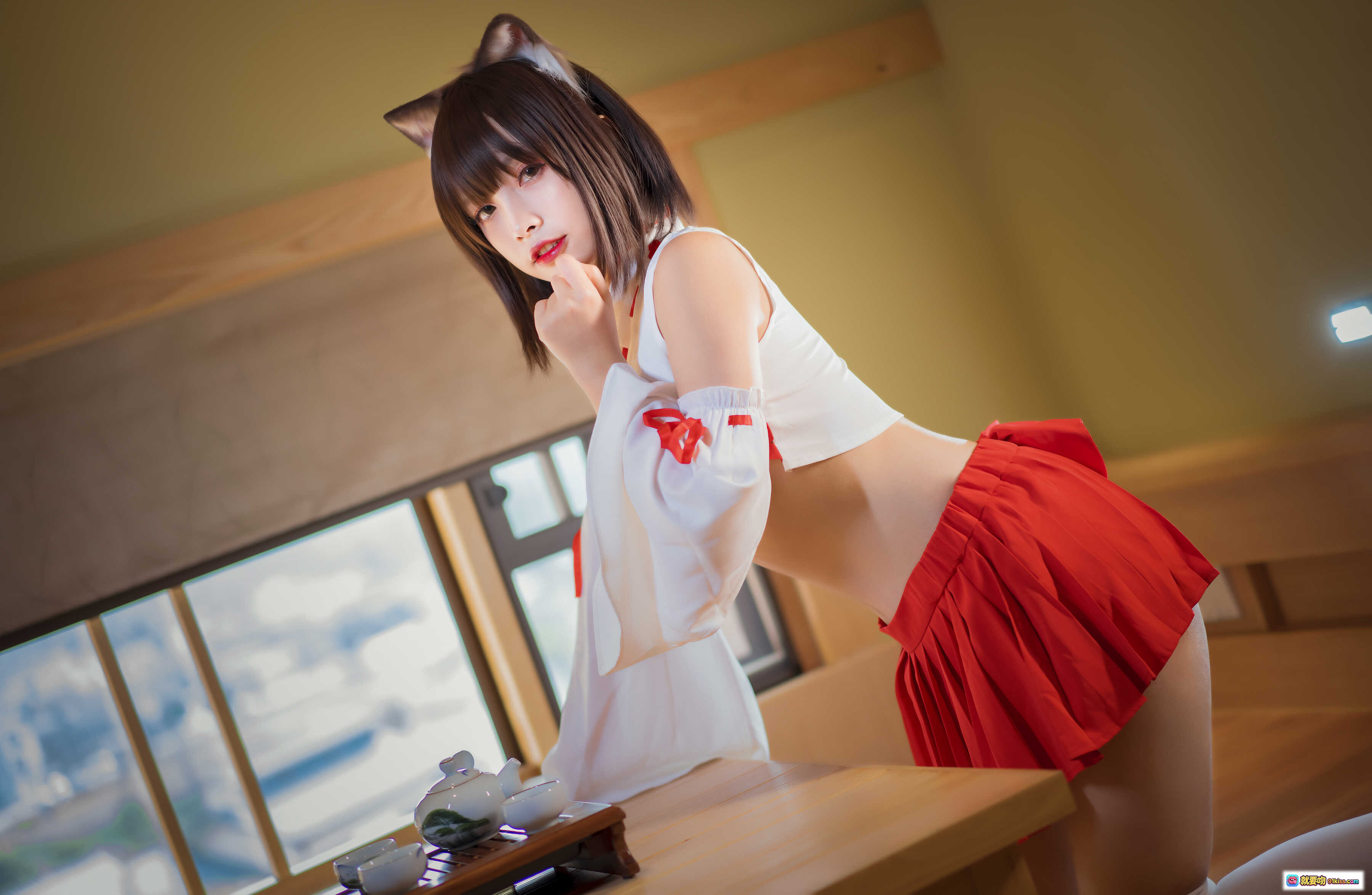 图片[6] - Neko薇薇NO.003巫女写真｜猫耳白丝红裙和风少女｜日式神社风格摄影｜30P高清图集 - 就要吻