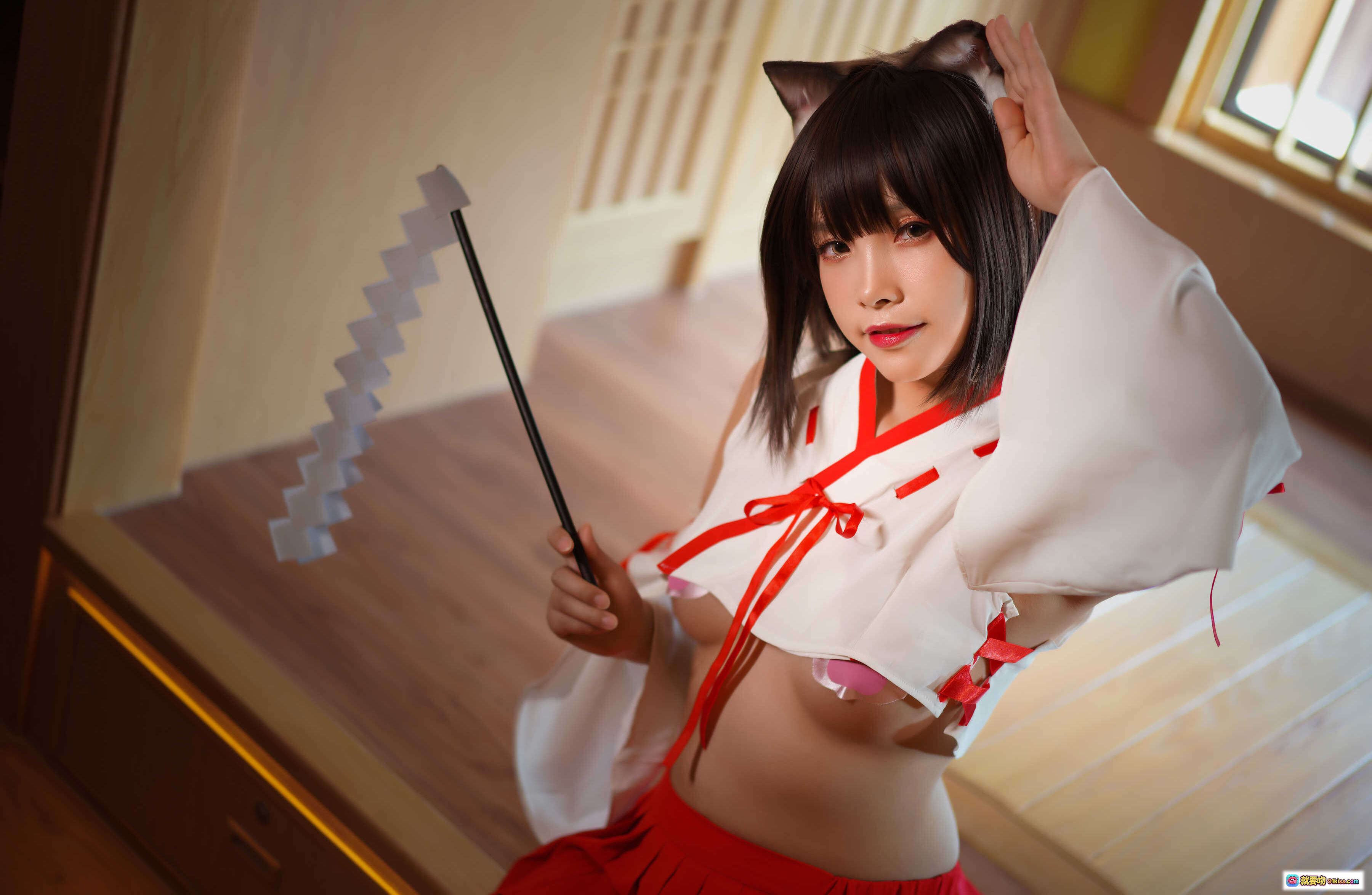 图片[10] - Neko薇薇NO.003巫女写真｜猫耳白丝红裙和风少女｜日式神社风格摄影｜30P高清图集 - 就要吻