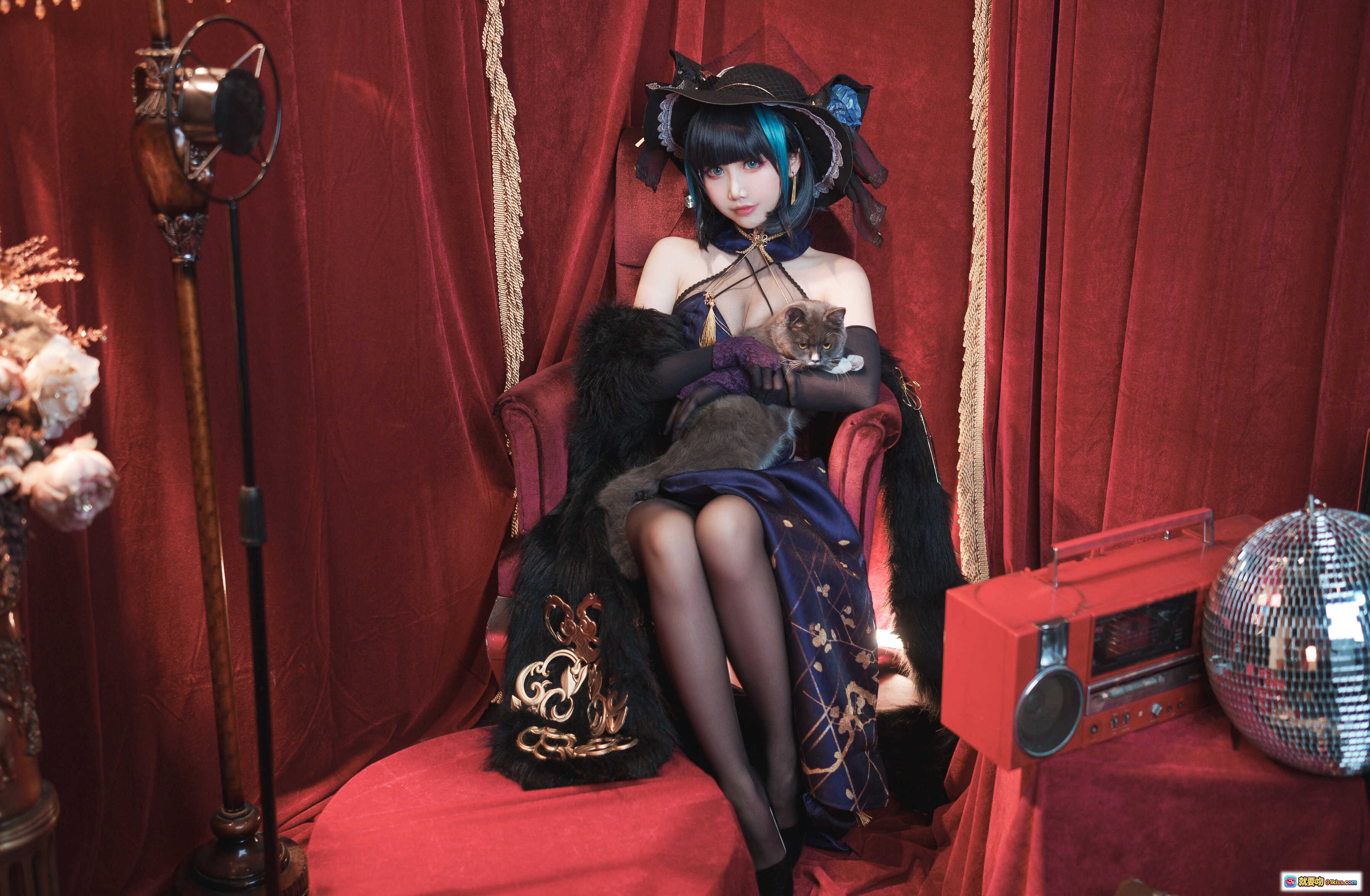 图片[1] - 面饼仙儿NO.110柴郡旗袍写真｜蓝发少女红幕复古风｜黑丝美腿抱猫坐姿｜华丽和风装饰｜ disco球收音机场景 - 就要吻