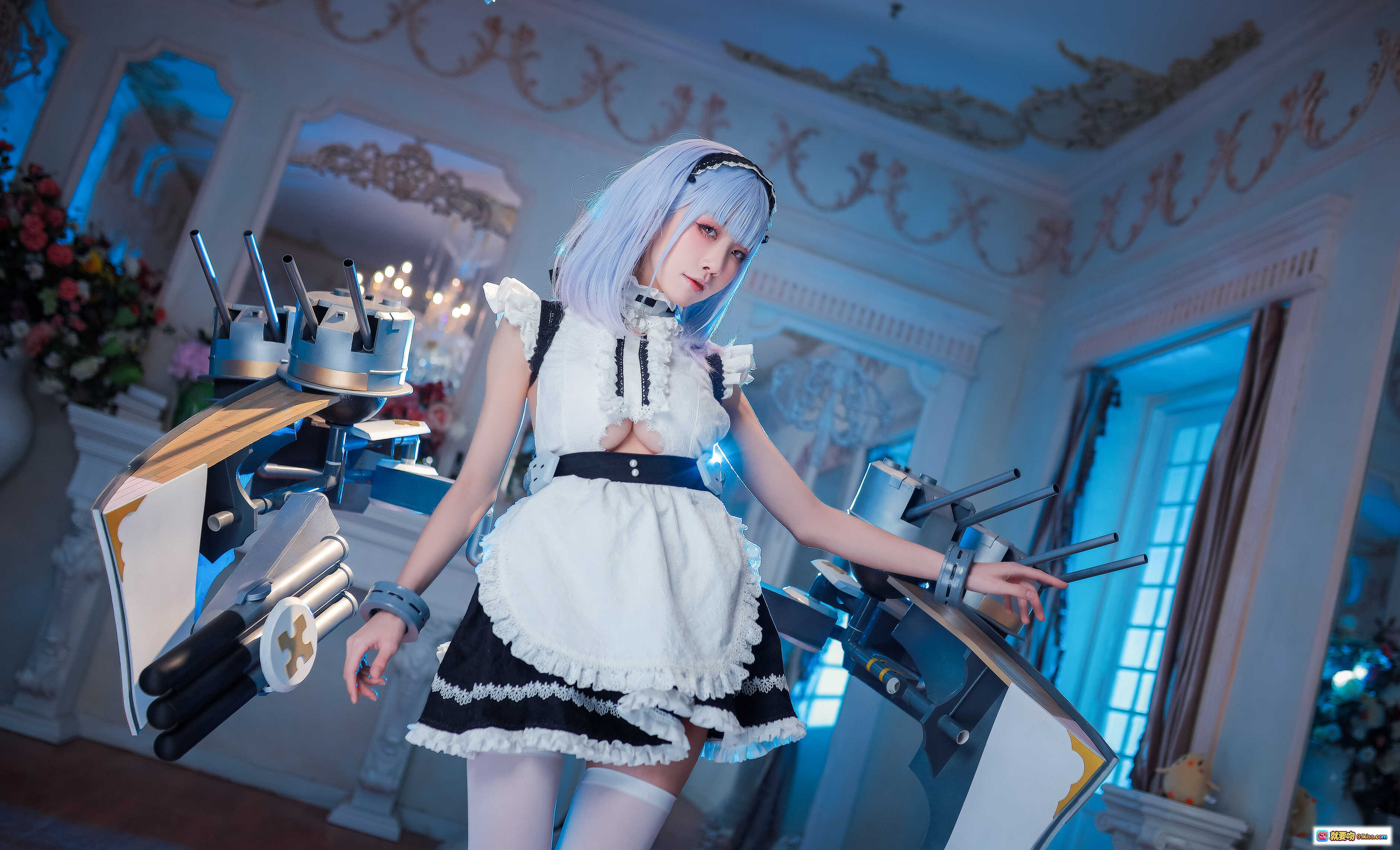 图片[10] - 水淼Aqua NO.093 黛朵 Cosplay 精美女仆装 蓝发少女 持剑姿势 华丽室内场景 17P高清图集 - 就要吻