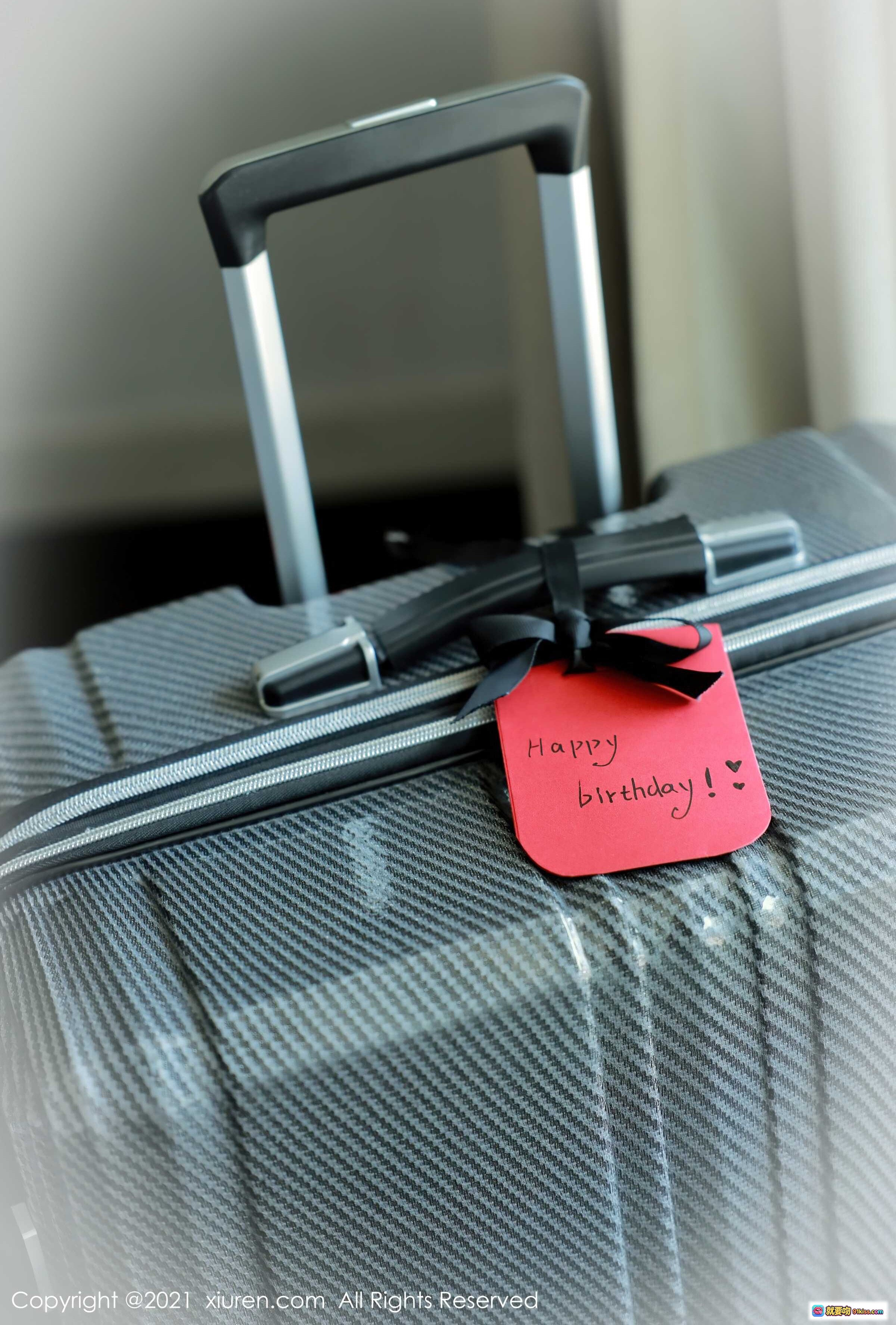 图片[1] - 灰色行李箱配红色生日贺卡，黑色丝带装饰，旅行礼物惊喜场景 - 就要吻