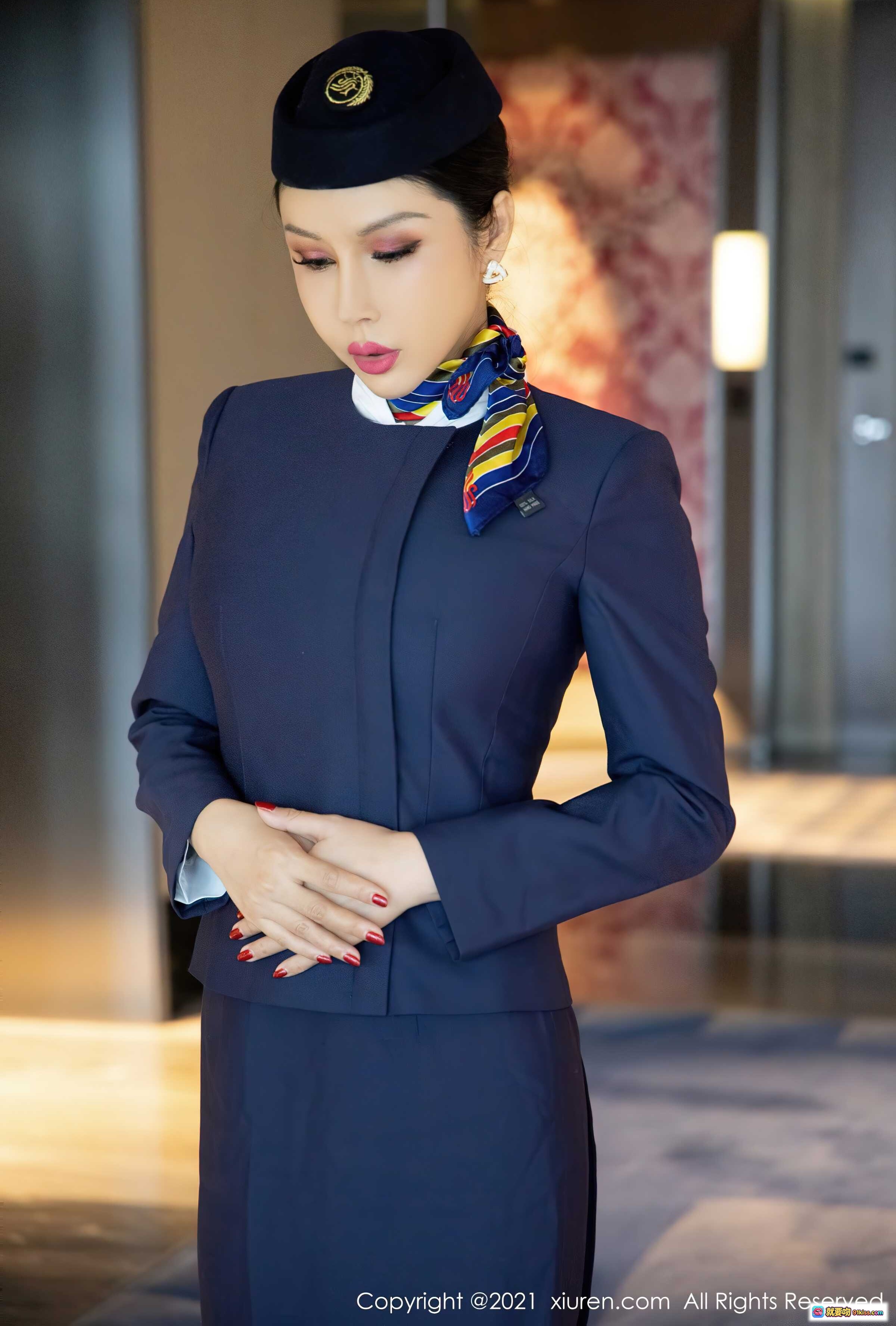 图片[6] - 田冰冰空姐制服写真 | 深蓝职业套装+彩色丝巾 | 高清美图 | XIUREN秀人网2021.10.12 No.4050 - 就要吻