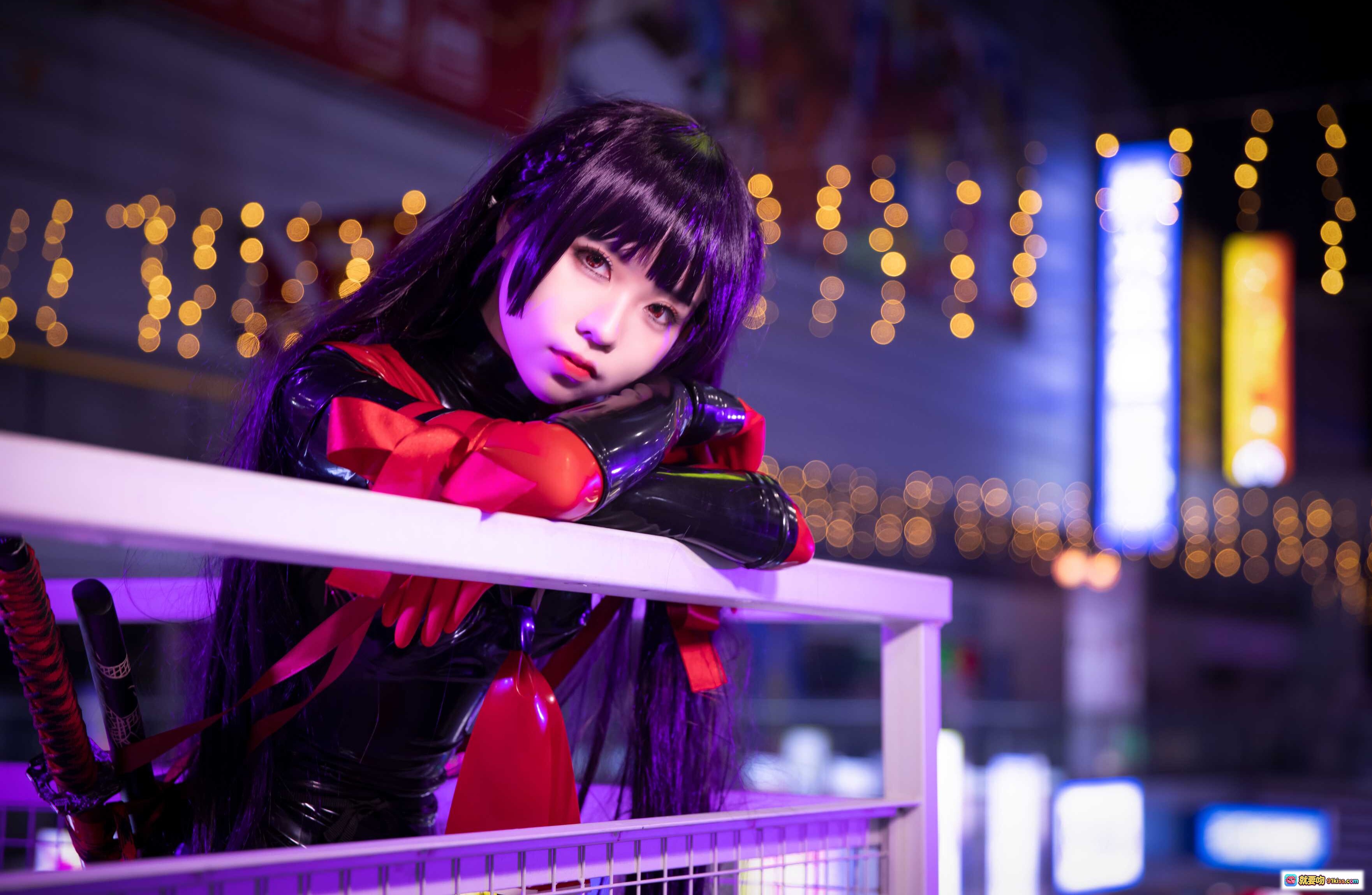 图片[10] - 菊千代Cosplay写真 | 紫发武士刀造型 | 黑红紧身战衣 | 夜景霓虹楼梯拍摄 | G44不会受伤NO.042高清20P - 就要吻