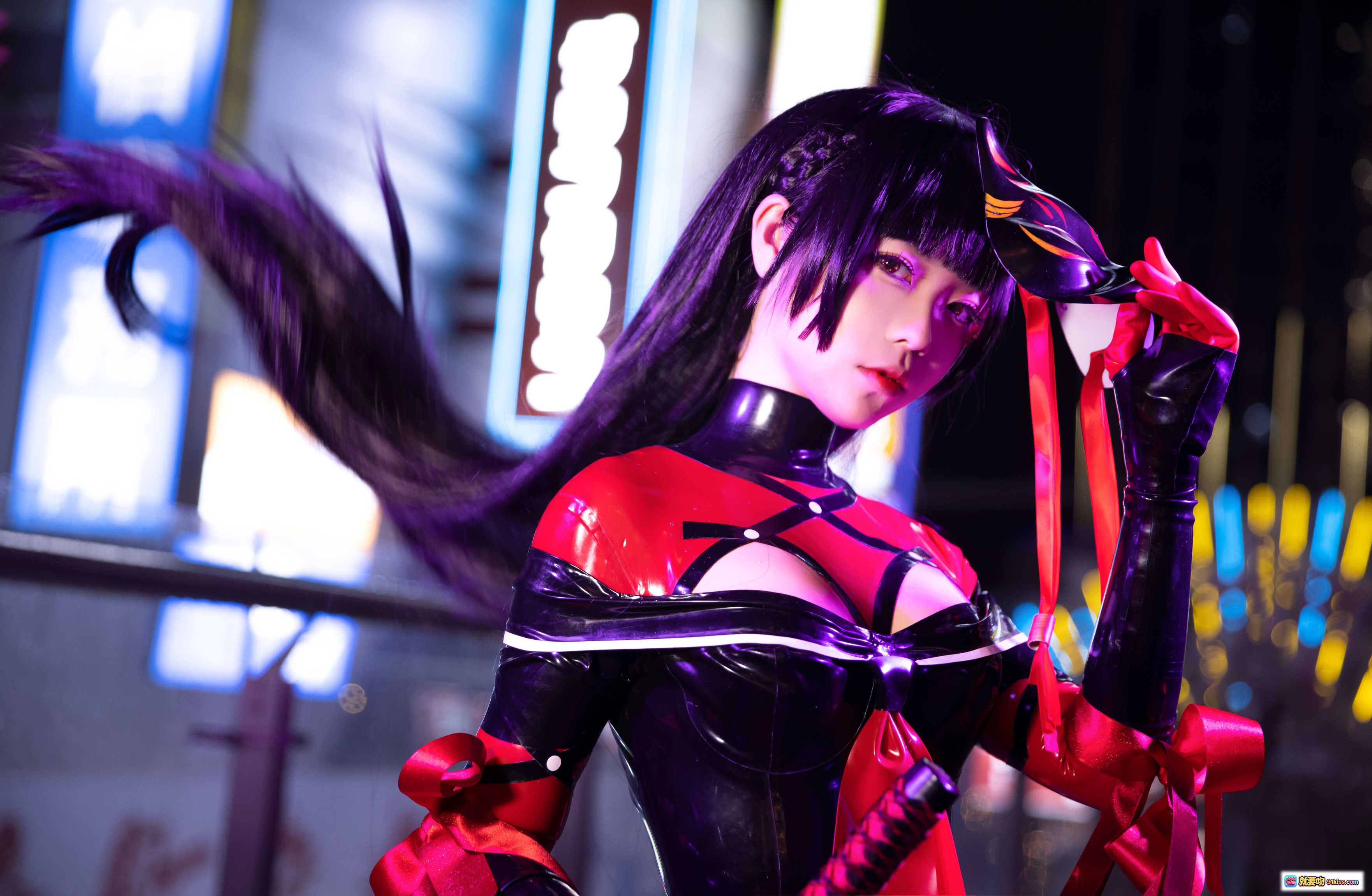 图片[9] - 菊千代Cosplay写真 | 紫发武士刀造型 | 黑红紧身战衣 | 夜景霓虹楼梯拍摄 | G44不会受伤NO.042高清20P - 就要吻