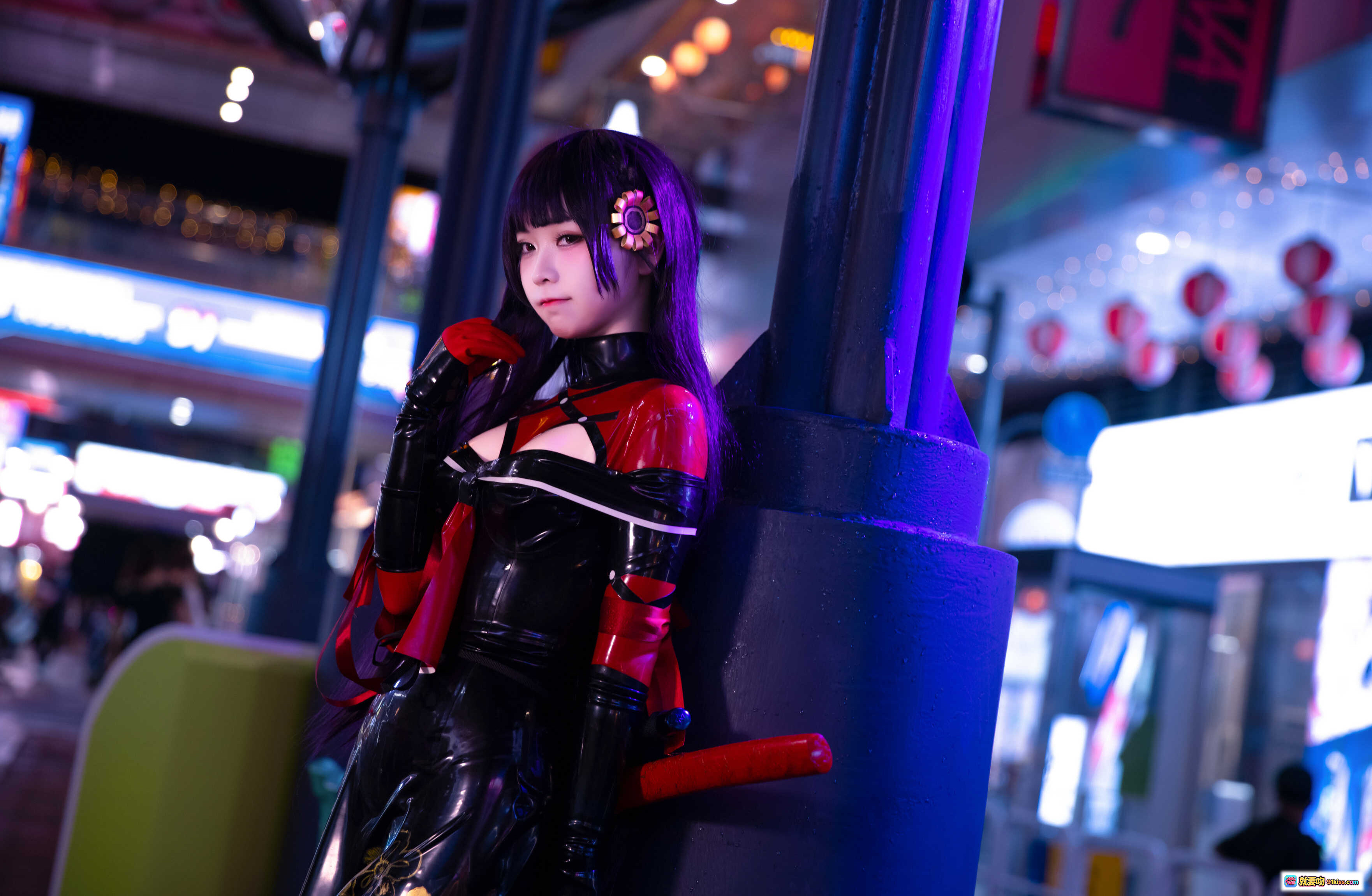 图片[7] - 菊千代Cosplay写真 | 紫发武士刀造型 | 黑红紧身战衣 | 夜景霓虹楼梯拍摄 | G44不会受伤NO.042高清20P - 就要吻