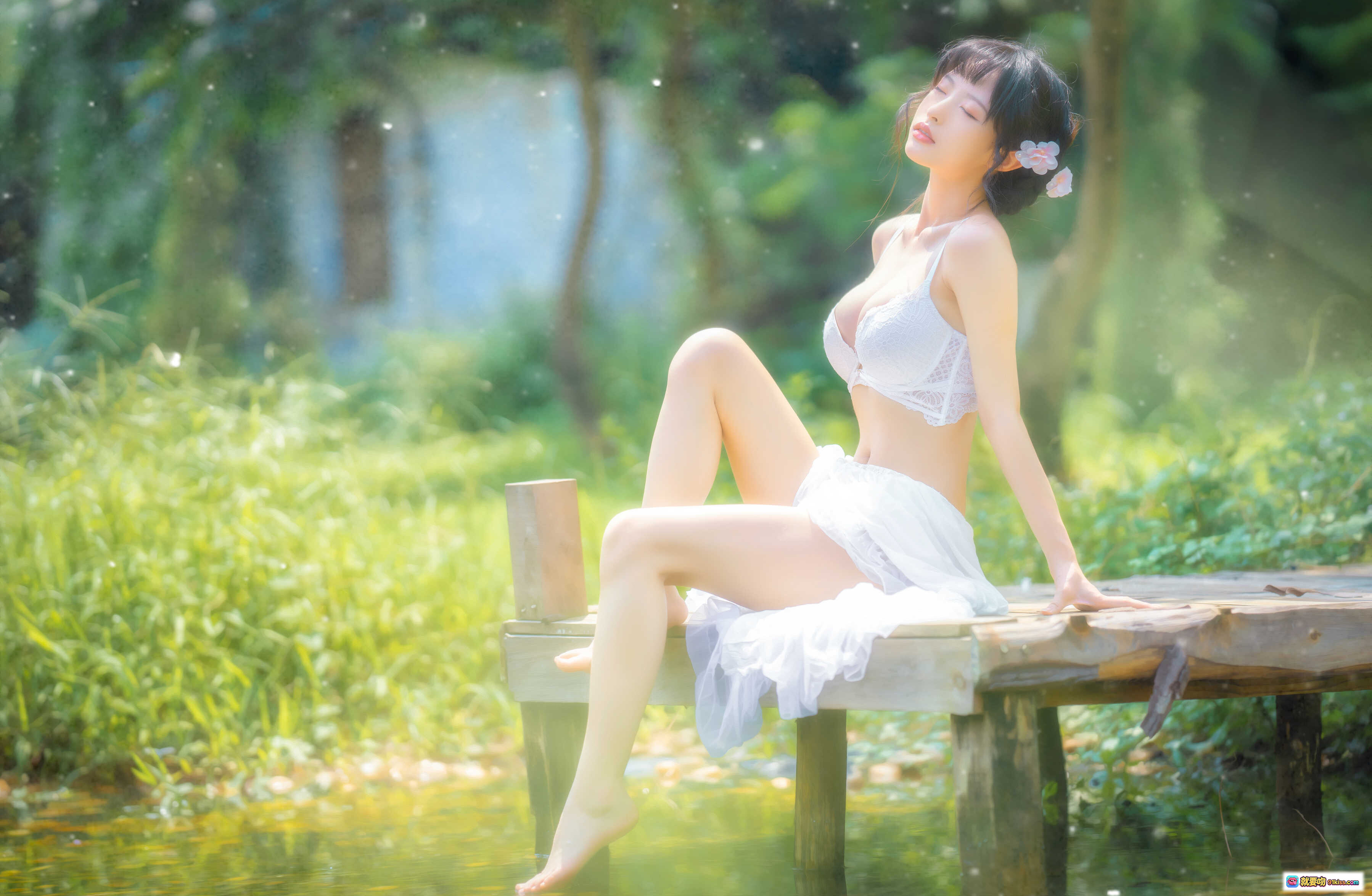 图片[3] - 清水由乃NO.027蕾丝花园写真 – 白色蕾丝内衣+花饰发髻+自然光森林背景+清新甜美风 - 就要吻