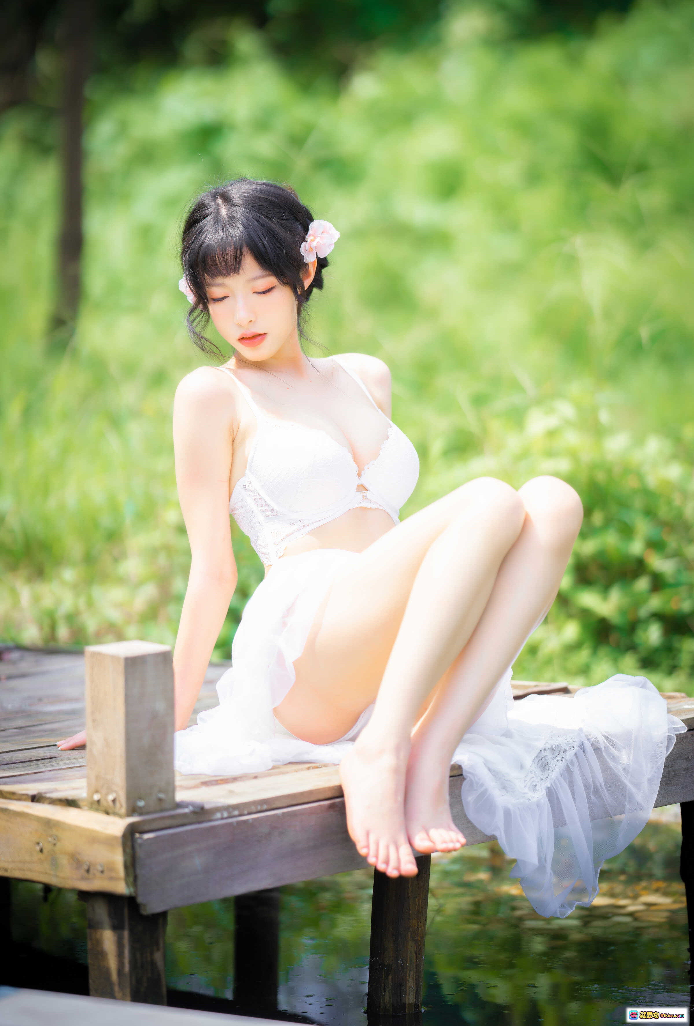 图片[9] - 清水由乃NO.027蕾丝花园写真 – 白色蕾丝内衣+花饰发髻+自然光森林背景+清新甜美风 - 就要吻