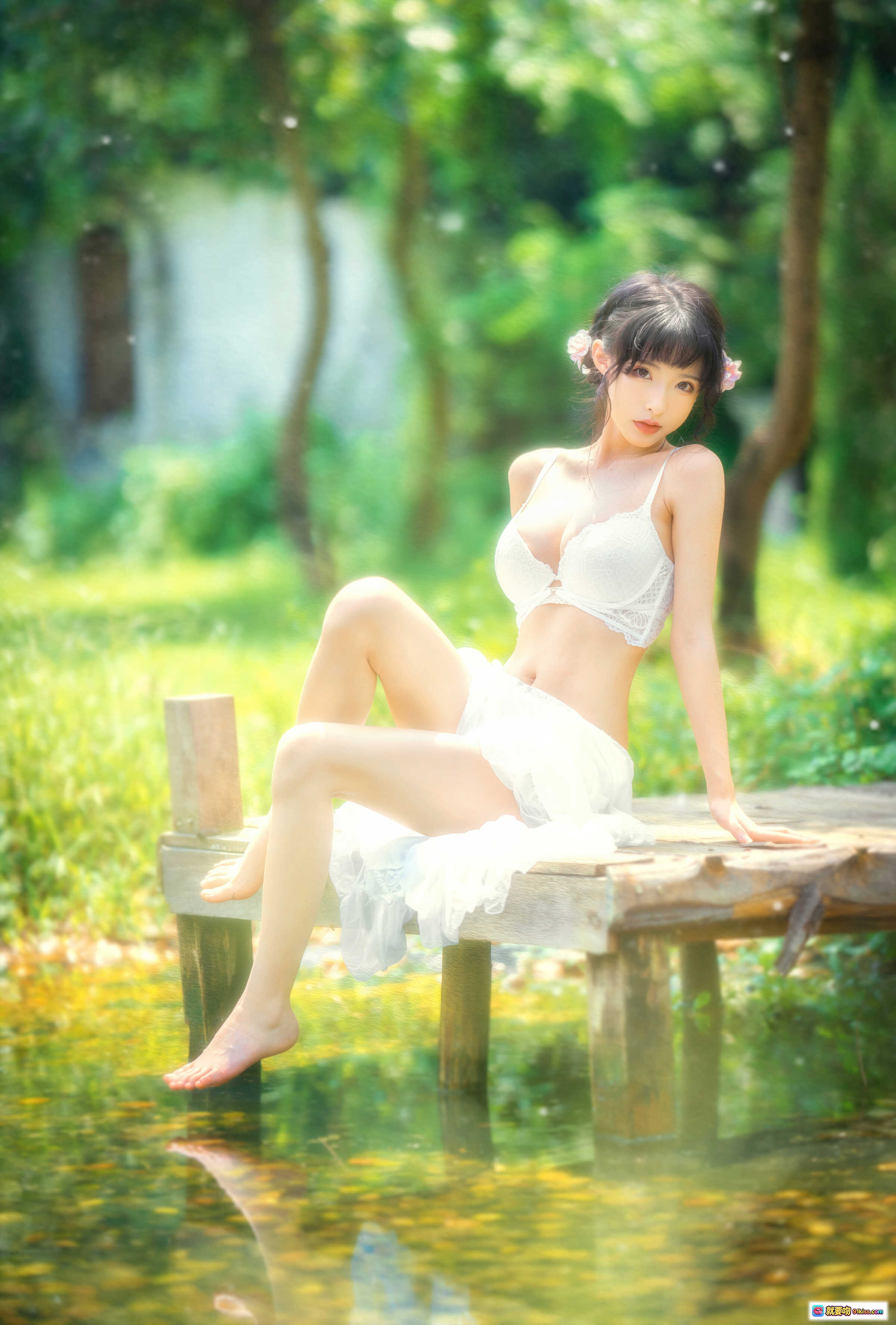 图片[4] - 清水由乃NO.027蕾丝花园写真 – 白色蕾丝内衣+花饰发髻+自然光森林背景+清新甜美风 - 就要吻