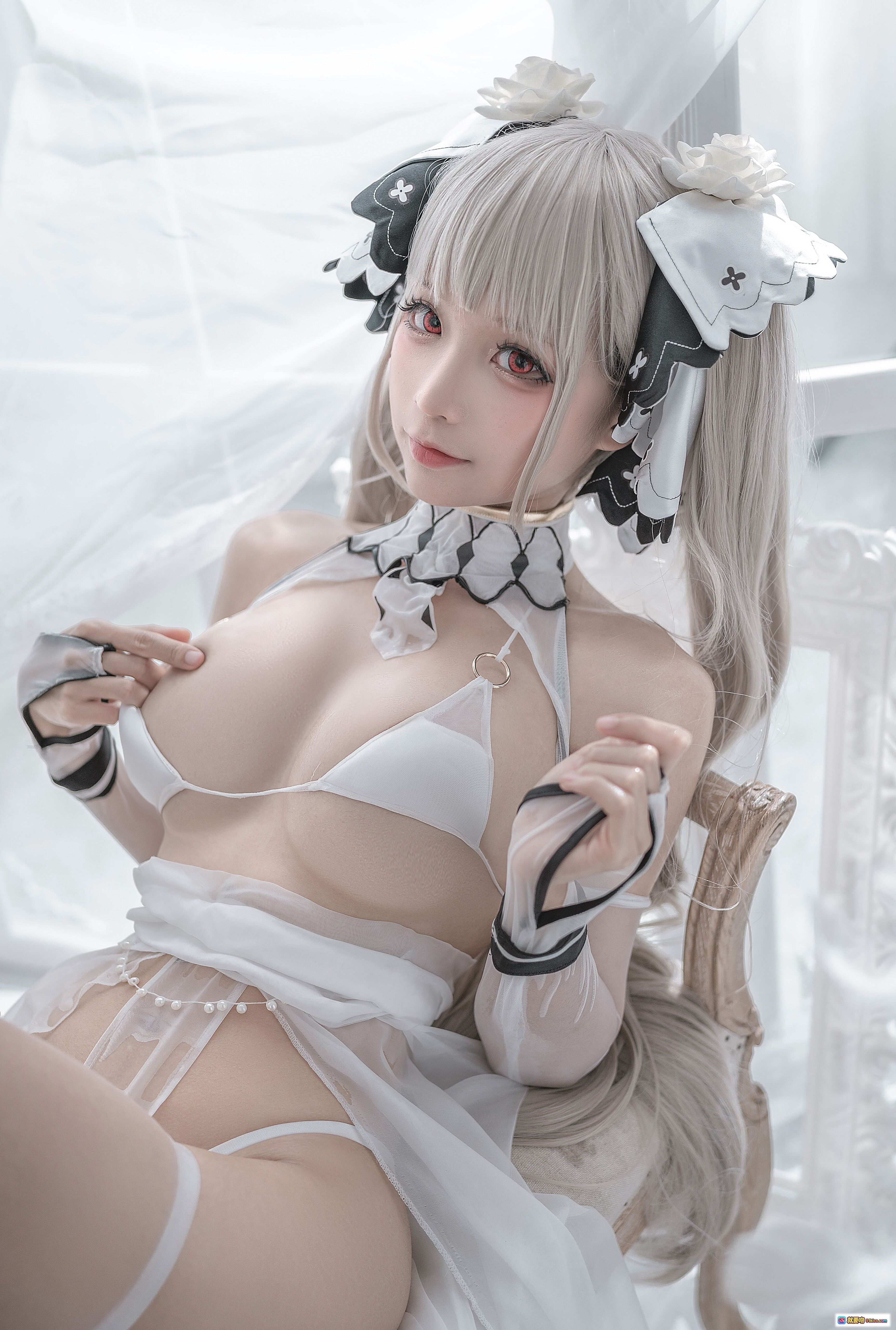 图片[7] - 蠢沫沫NO.134可畏婚纱写真｜纯白蕾丝少女Cosplay｜精致头饰高跟美腿｜梦幻窗纱场景摄影 - 就要吻
