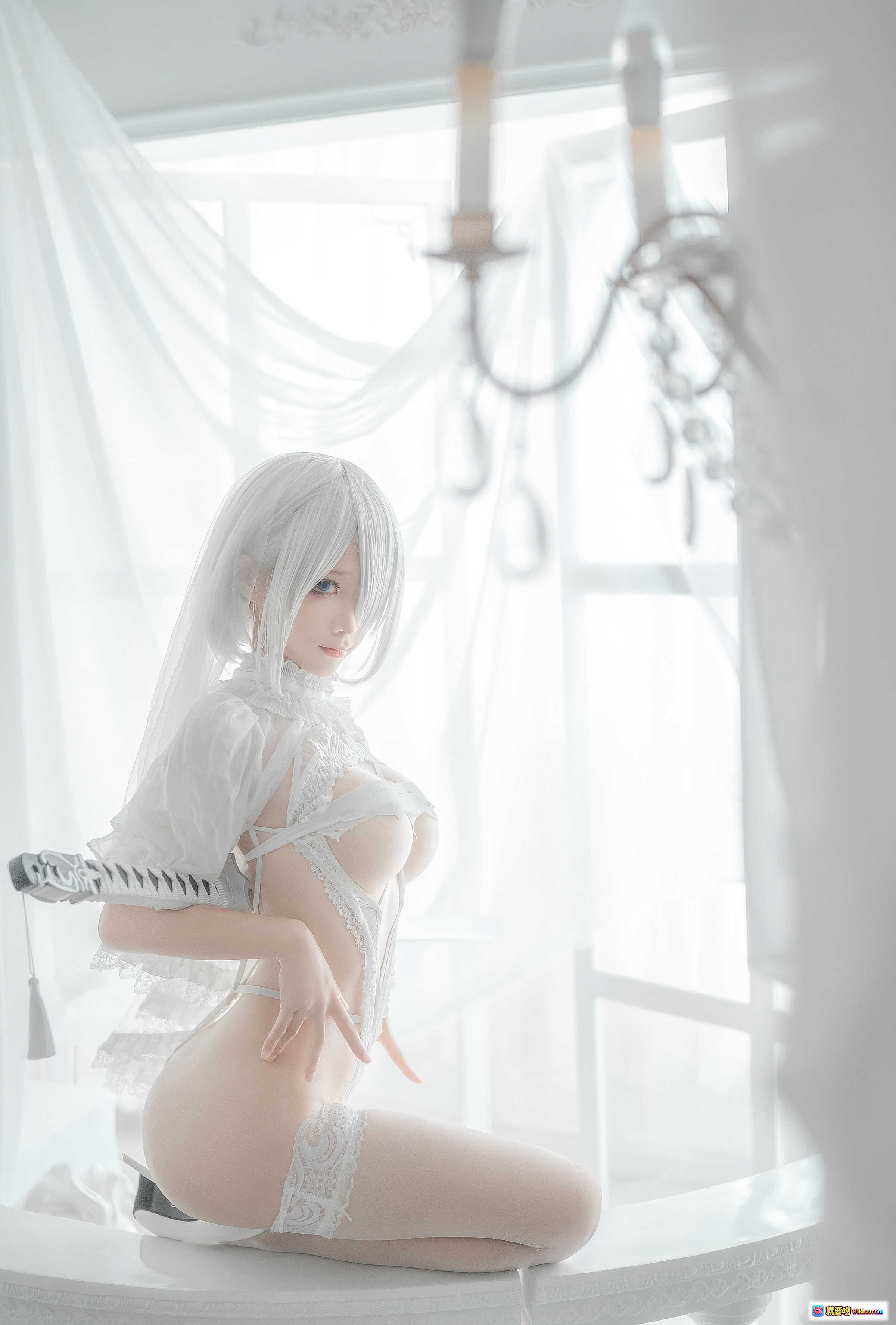 图片[8] - 蠢沫沫NO.142 2B白婚纱Cosplay写真 59P 白发少女蕾丝内衣透视装纯欲风室内私房摄影 - 就要吻