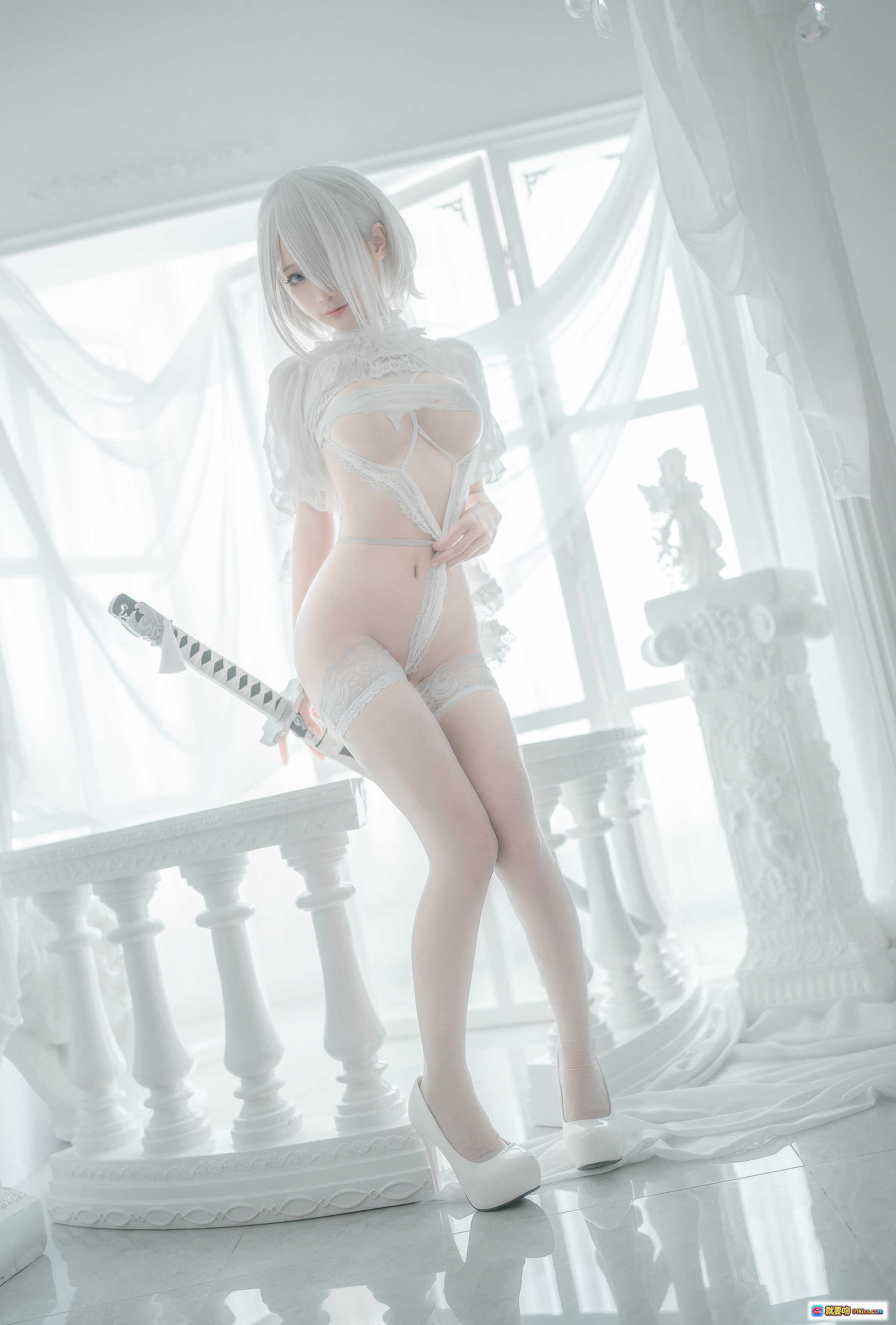 图片[2] - 蠢沫沫NO.142 2B白婚纱Cosplay写真 59P 白发少女蕾丝内衣透视装纯欲风室内私房摄影 - 就要吻