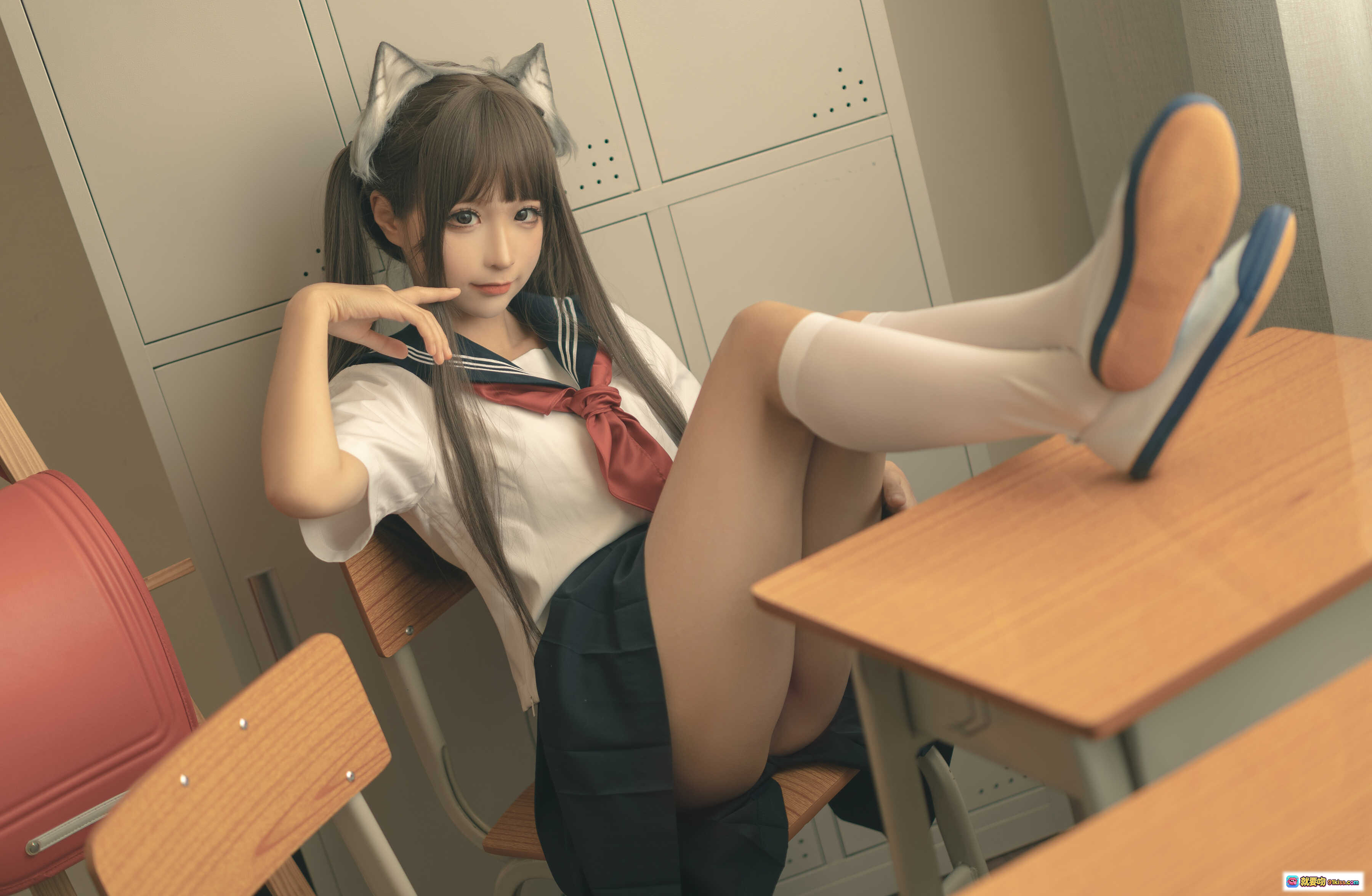 图片[1] - 蠢沫沫NO.143放学后写真 | 猫耳少女校服美腿白丝教室摆拍130P高清图集 - 就要吻