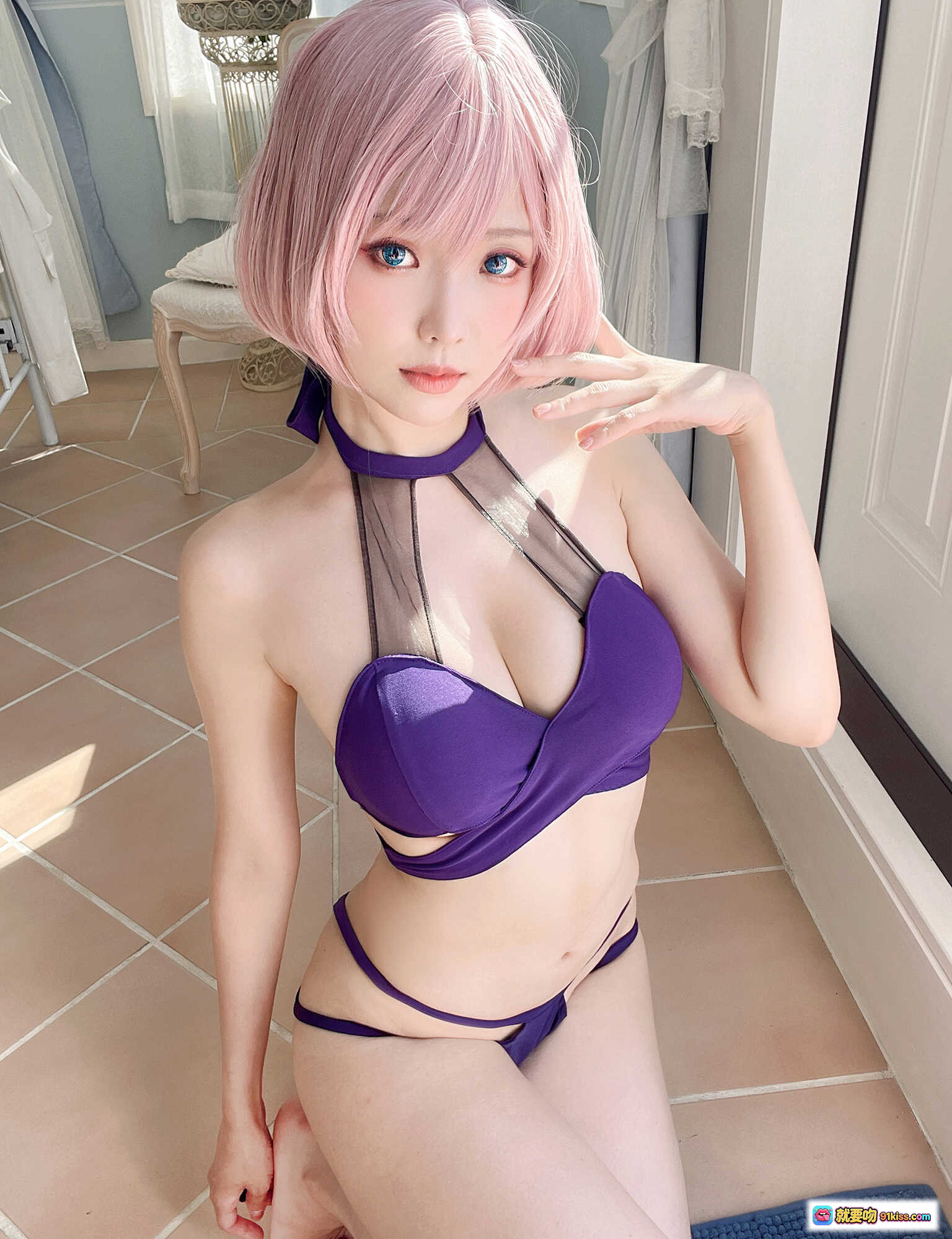 图片[3] - ElyEE子 NO.078 Mujina泳装写真 36P紫色系性感内衣造型 粉发蓝瞳日系美少女室内光影拍摄 - 就要吻