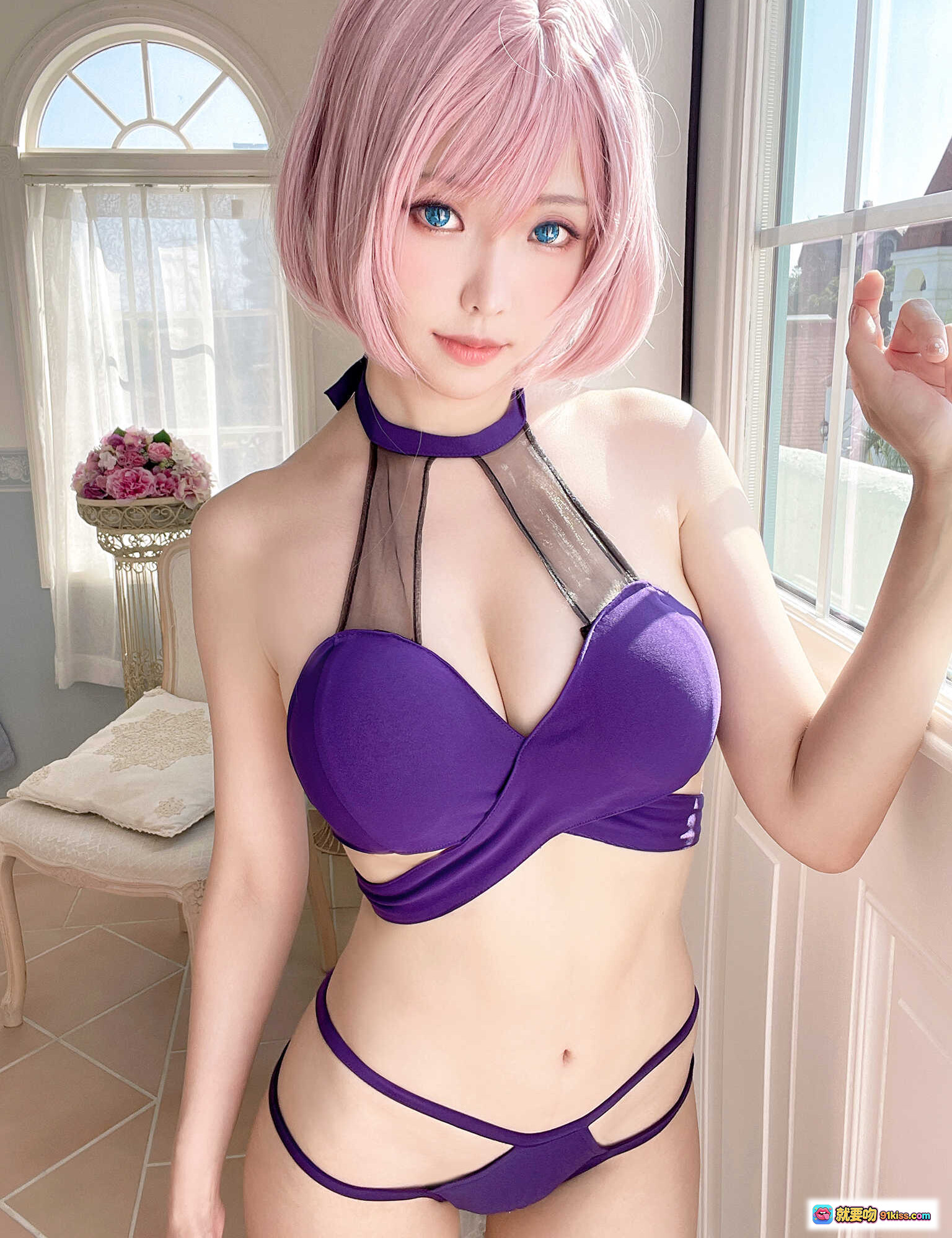 图片[4] - ElyEE子 NO.078 Mujina泳装写真 36P紫色系性感内衣造型 粉发蓝瞳日系美少女室内光影拍摄 - 就要吻