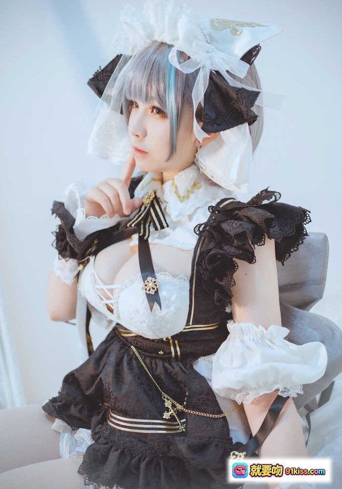 图片[1] - 阿半cos柴郡女仆装写真｜黑白色洛丽塔蕾丝裙｜精致头饰与蝴蝶结｜42P高清美图 - 就要吻