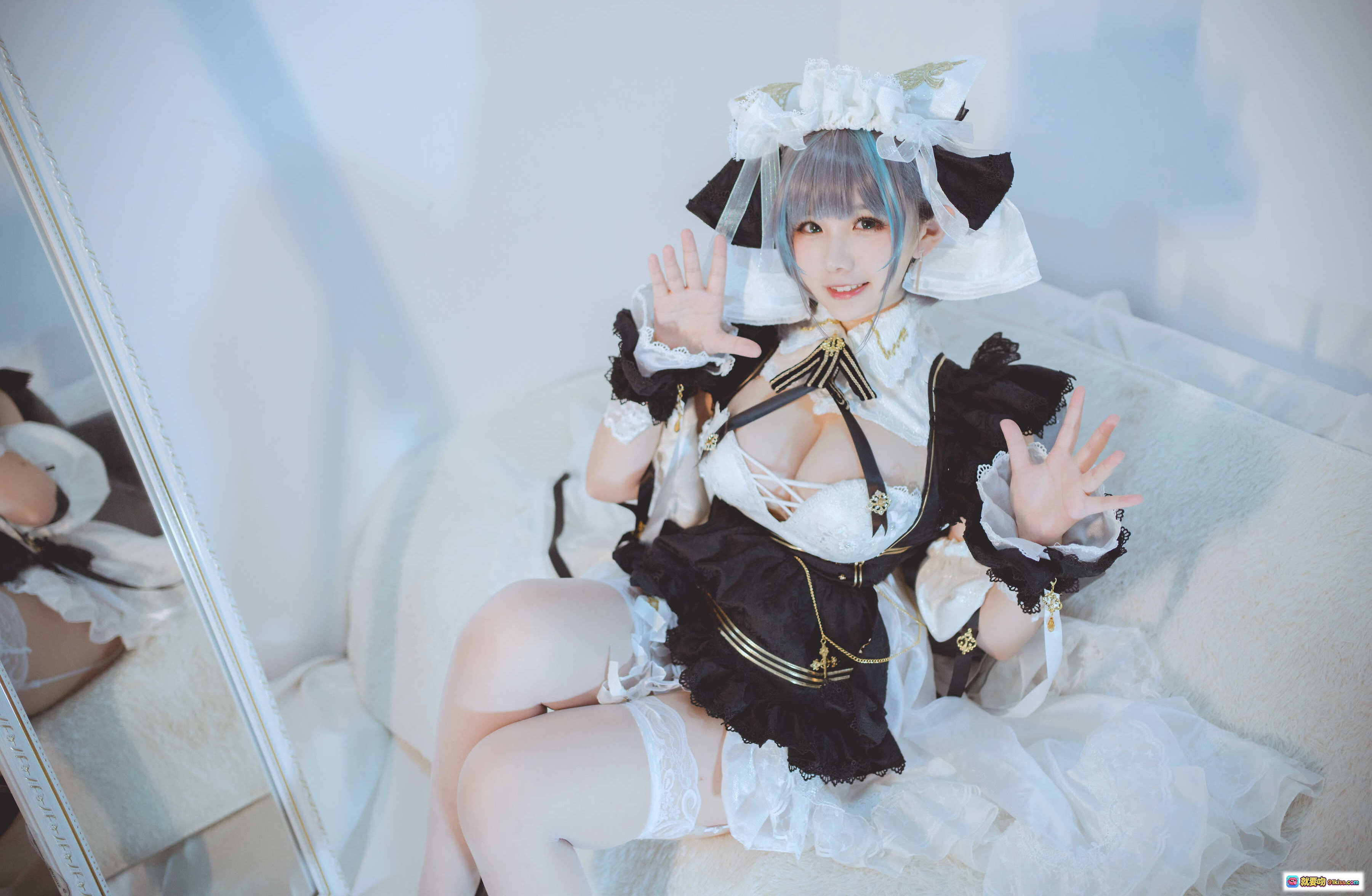 图片[3] - 阿半cos柴郡女仆装写真｜黑白色洛丽塔蕾丝裙｜精致头饰与蝴蝶结｜42P高清美图 - 就要吻